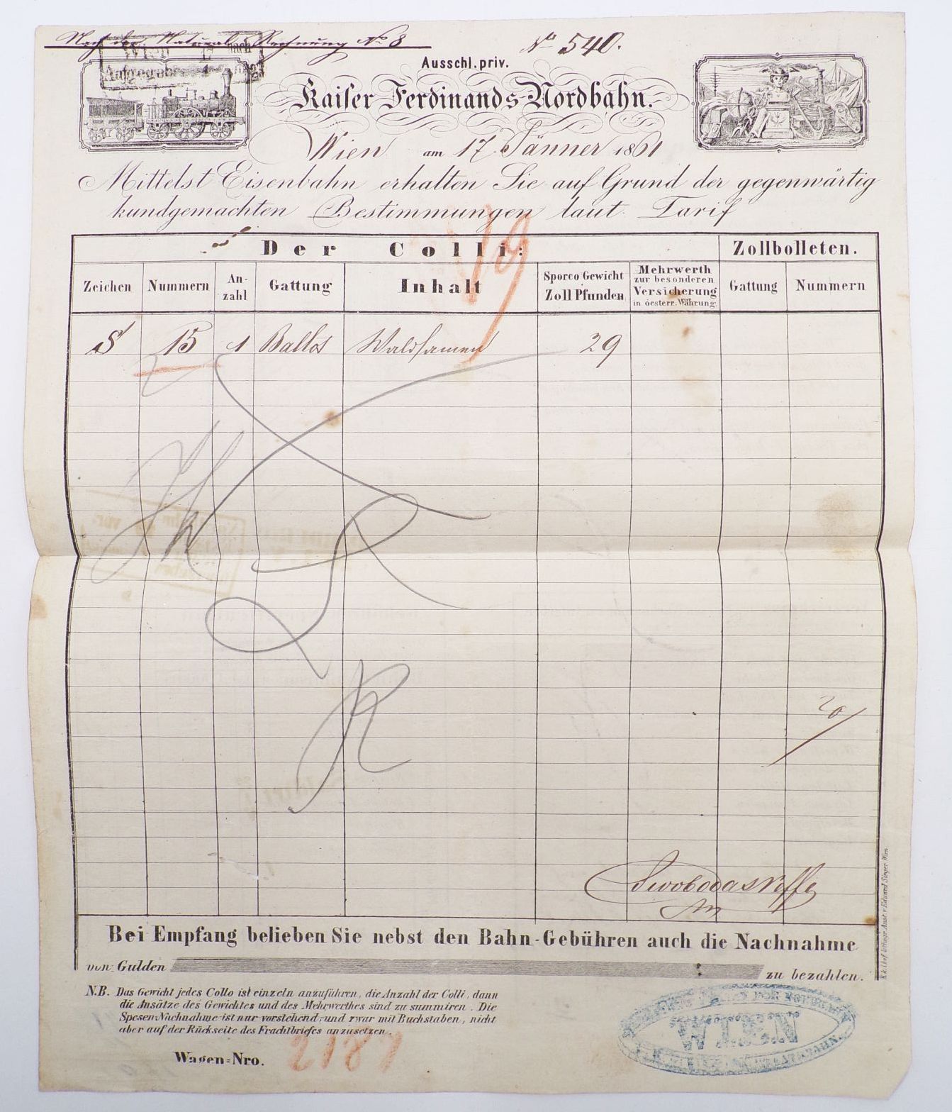 Dokument Kaiser Ferdinand Nordbahn 1861 Wien Frachtbrief 