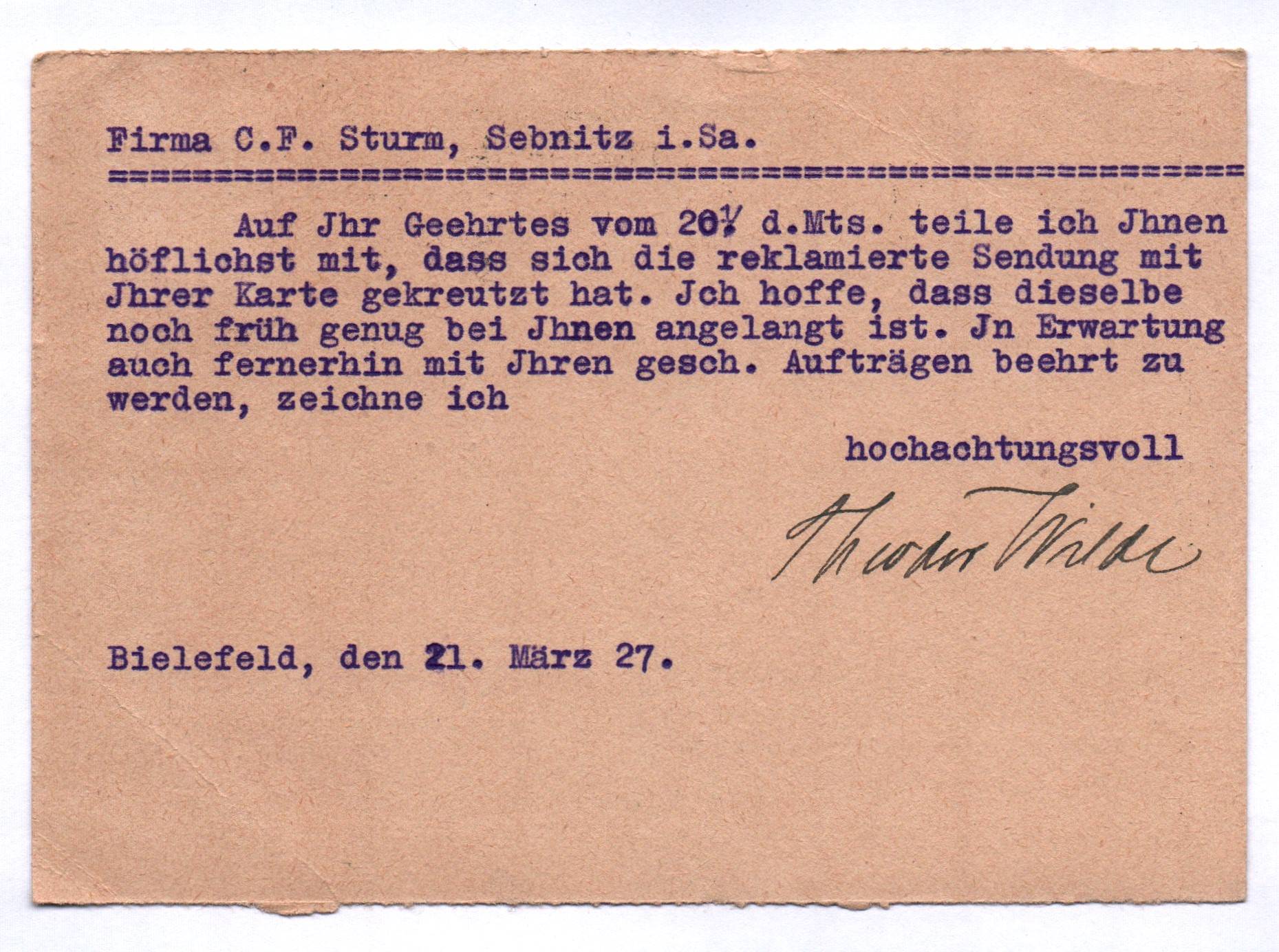 Postkarte Kautschuk Stempel und Stempelwaren Fabrik Theodor Wilde Bielefeld 1927