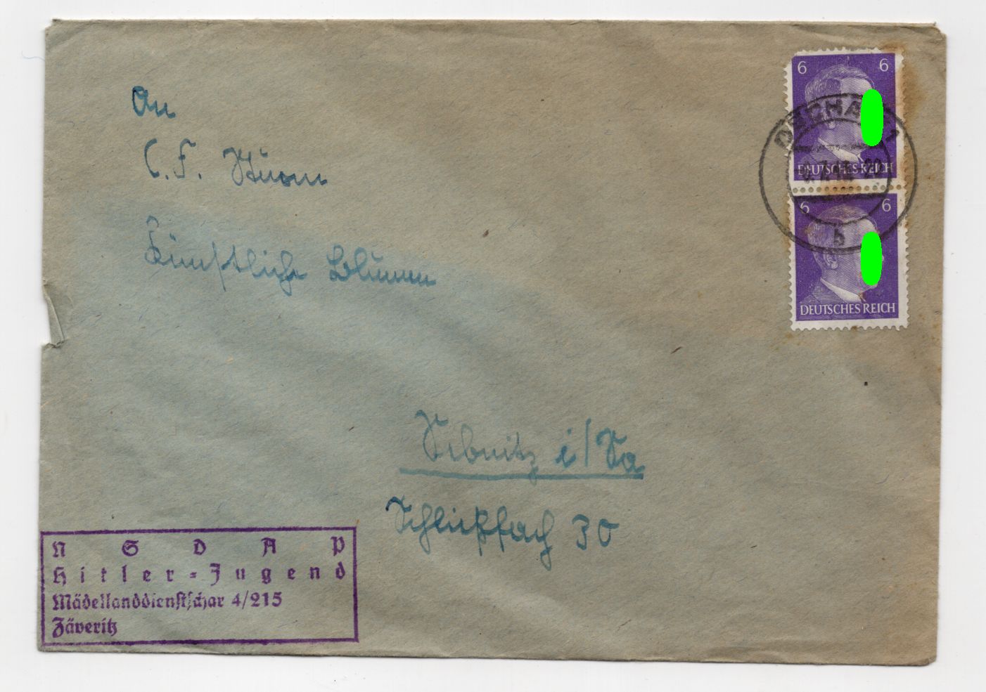 Brief NSDAP Hitlerjugend Mädeldienstschar Zäveritz Stempel 3 Reich