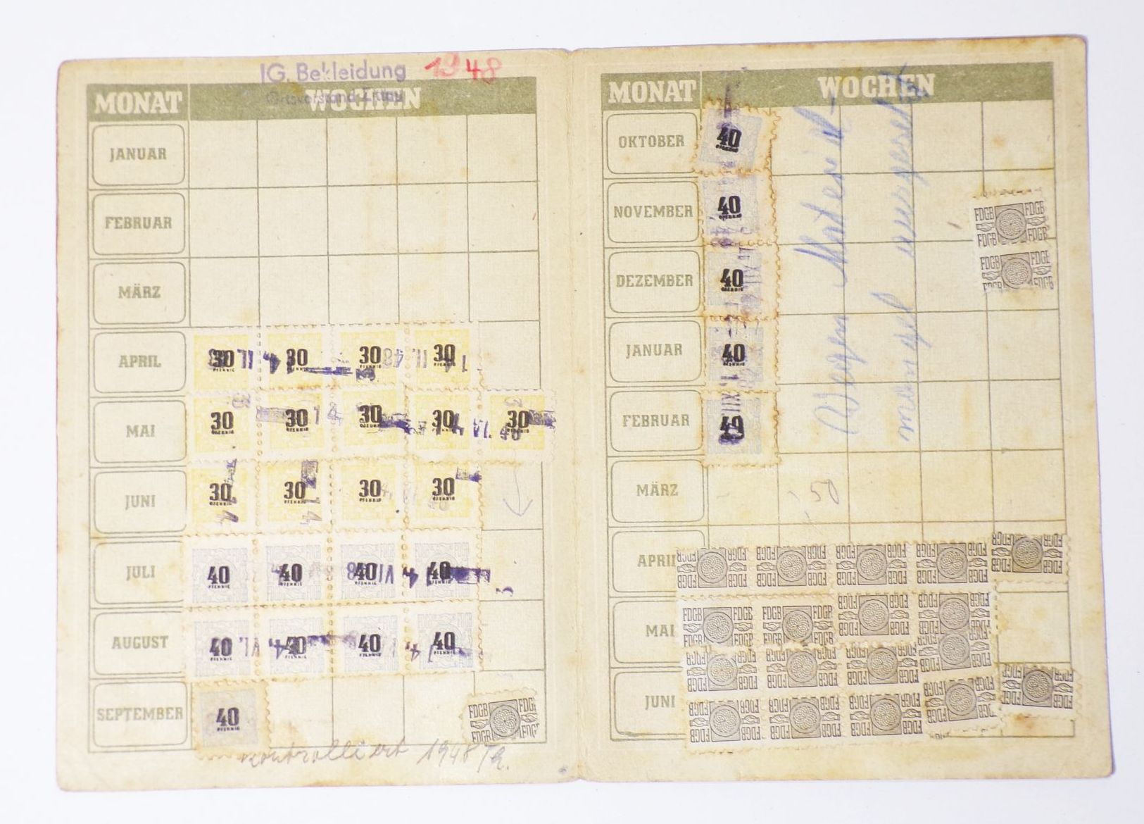 FDBG Mitgliedskarte mit Marken 1948 Spendenmarken 