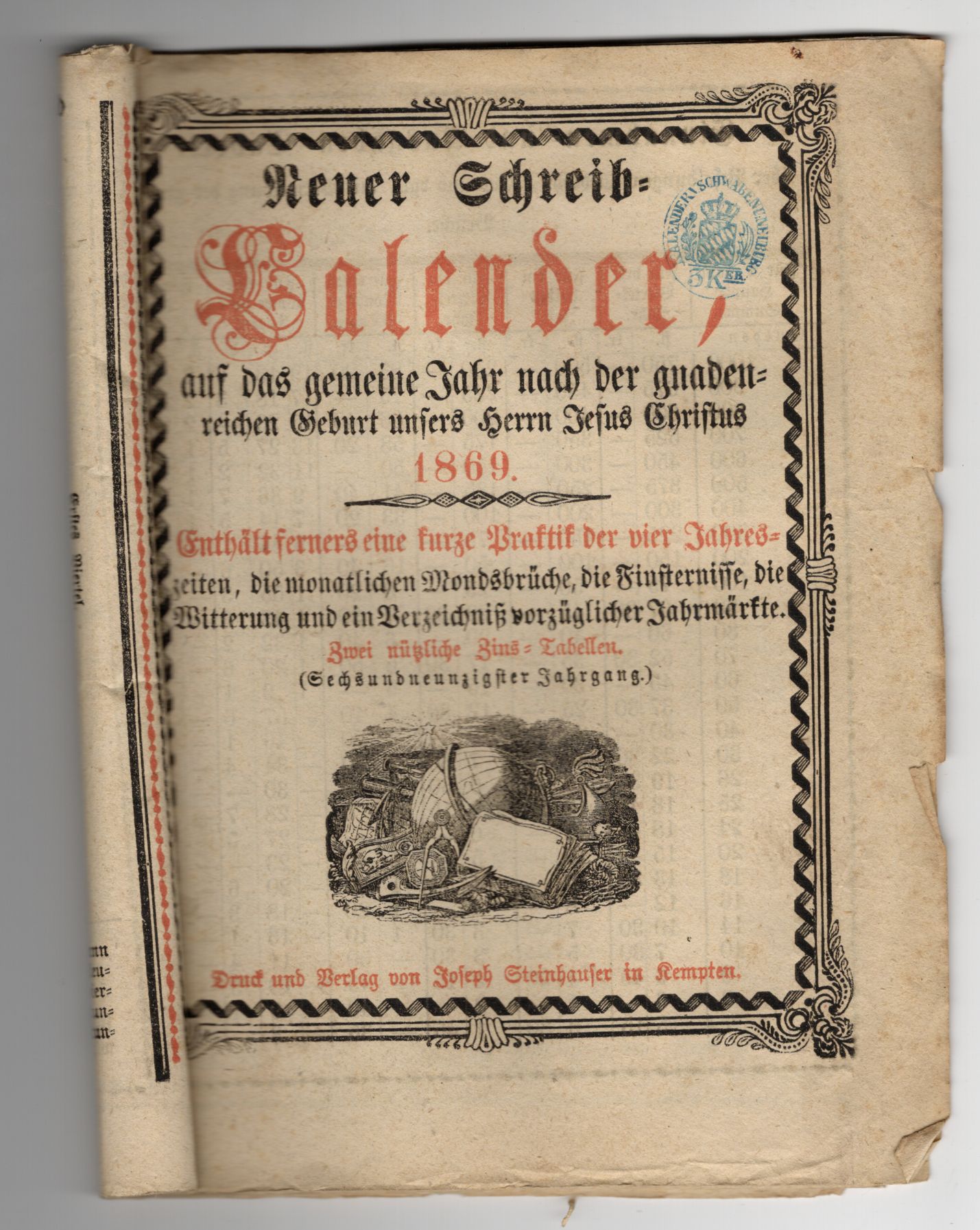 Neuer Schreib Kalender 1869 Bayern Steinhauser Kempten 