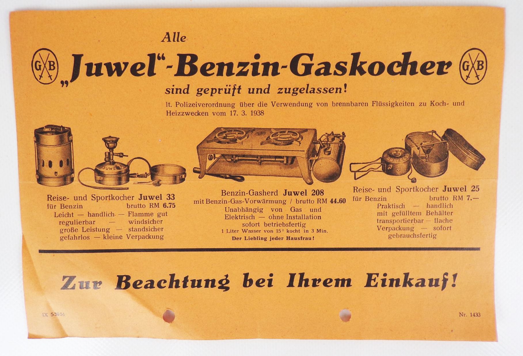 Juwel Benzin Gaskocher Reklame Blatt Werbung um 1939 Barthel Juwel Benzin Gaskocher Reklame Blatt Werbung um 1939 Barthel