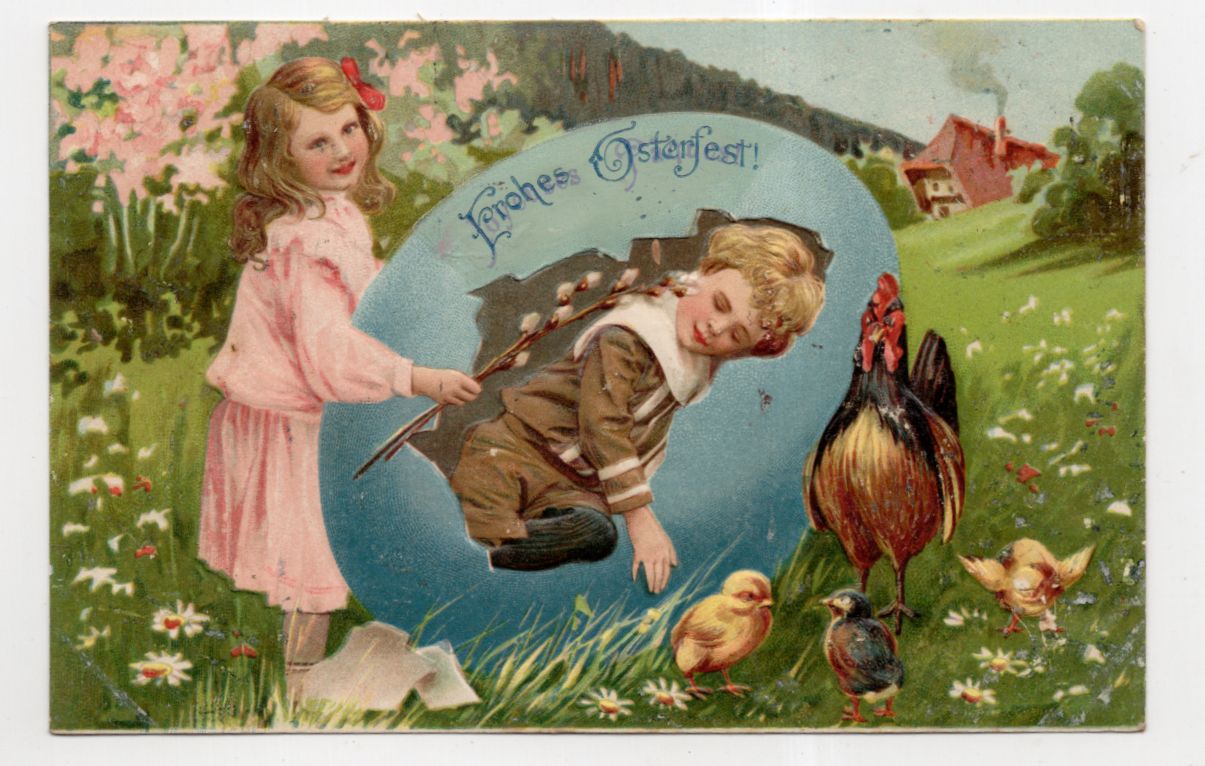Geprägte Ak Bube mit im Ei Henne Küken Ostern um 1900 