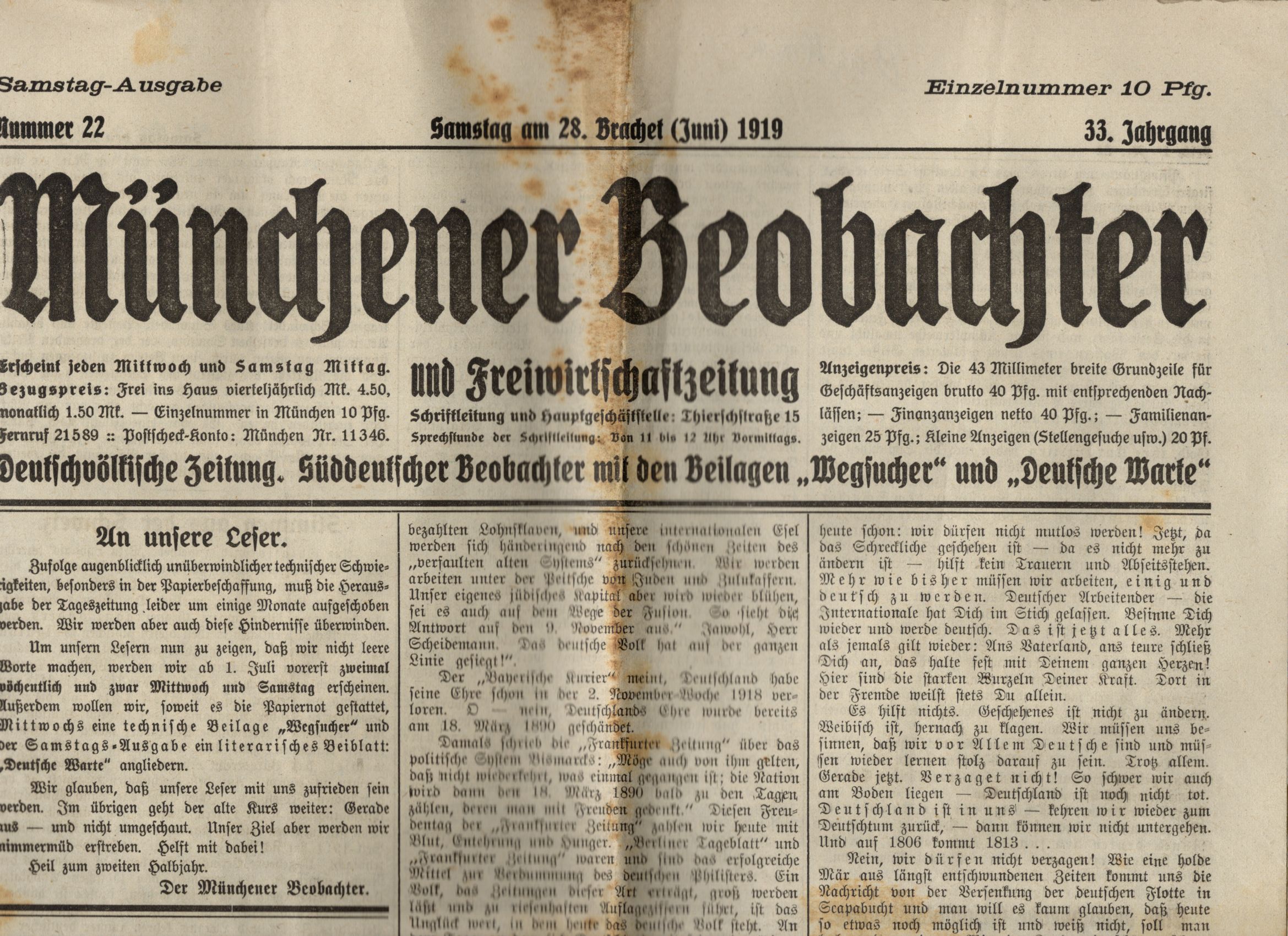Münchner Beobachter 1919 Nummer 22 Freiwirtschaftszeitung 