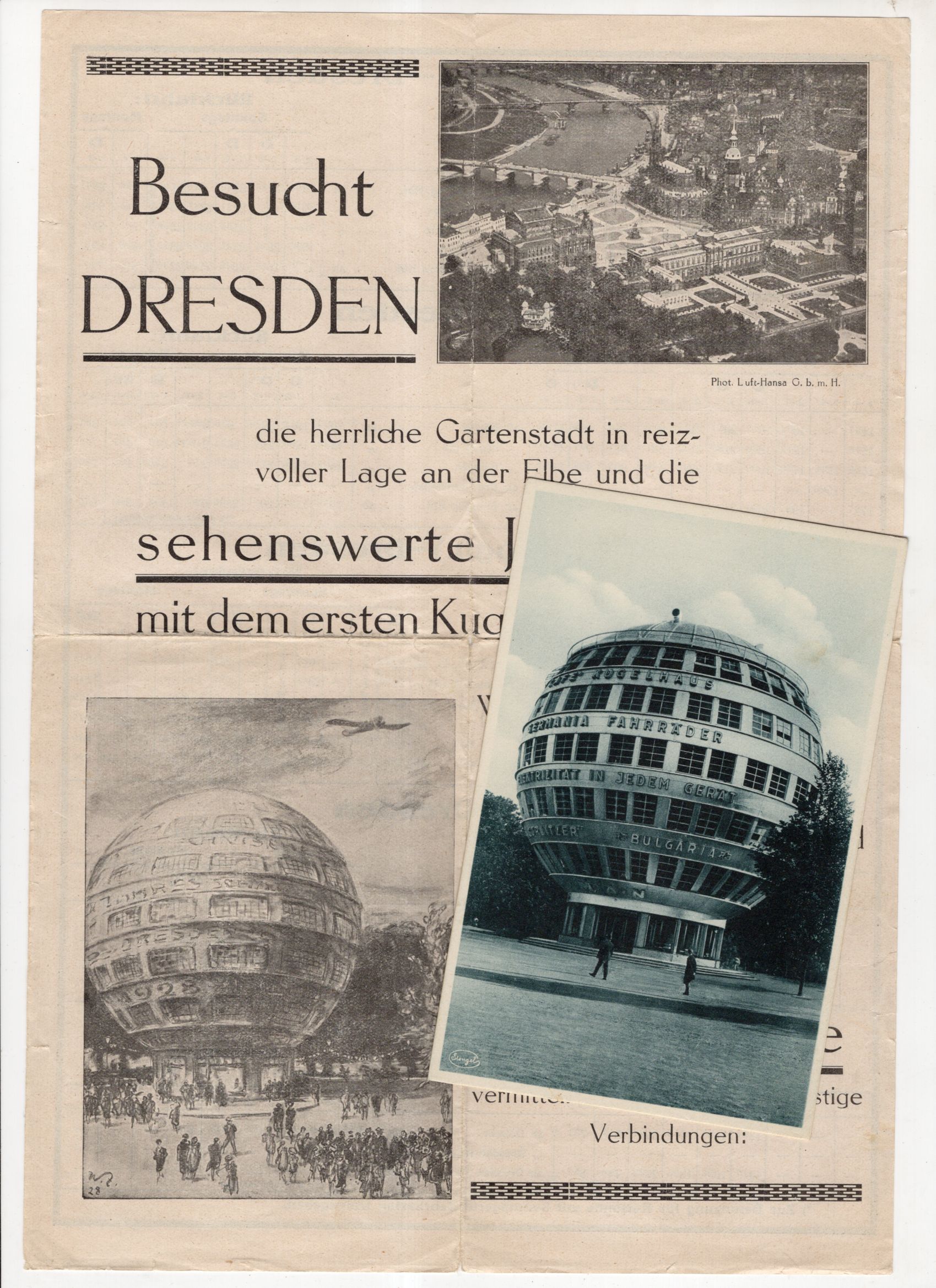 Reklame Blatt Kugelhaus Dresden Architektur mit Postkarte 1928