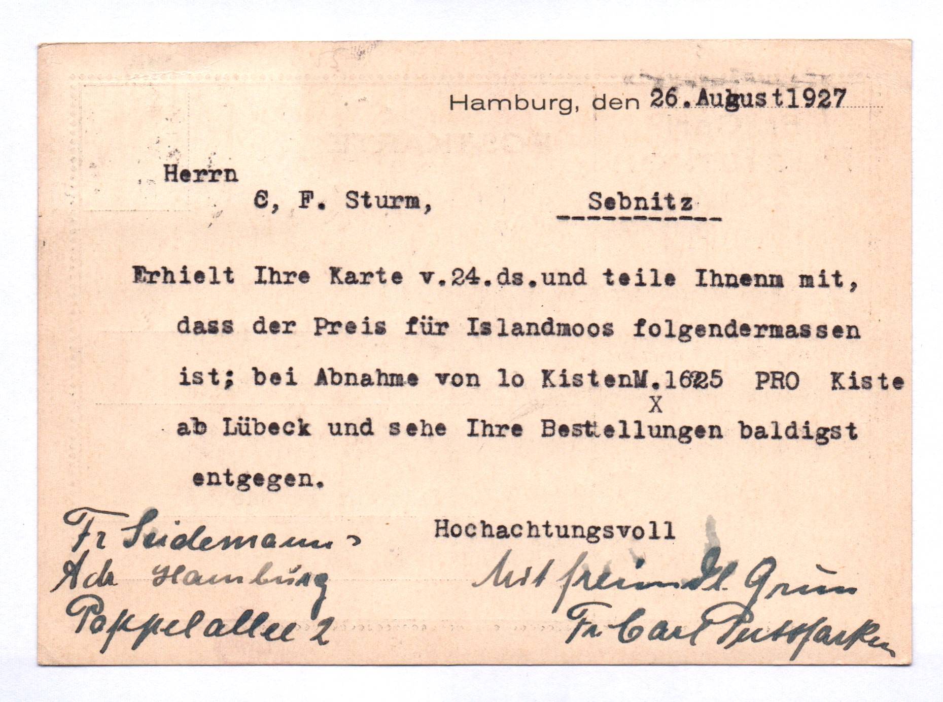 Postkarte Fr Carl Puttfarken Hamburg Schnittblumen In und Export 1927