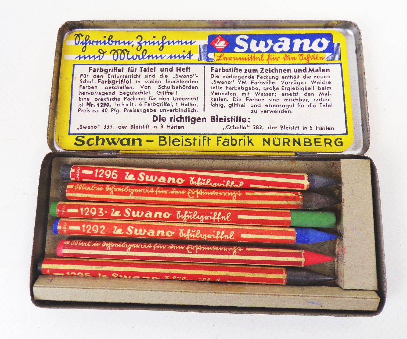 Swano Buntstifte Blechdose Schwan Bleistift Fabrik Nürnberg Reklame Sammler