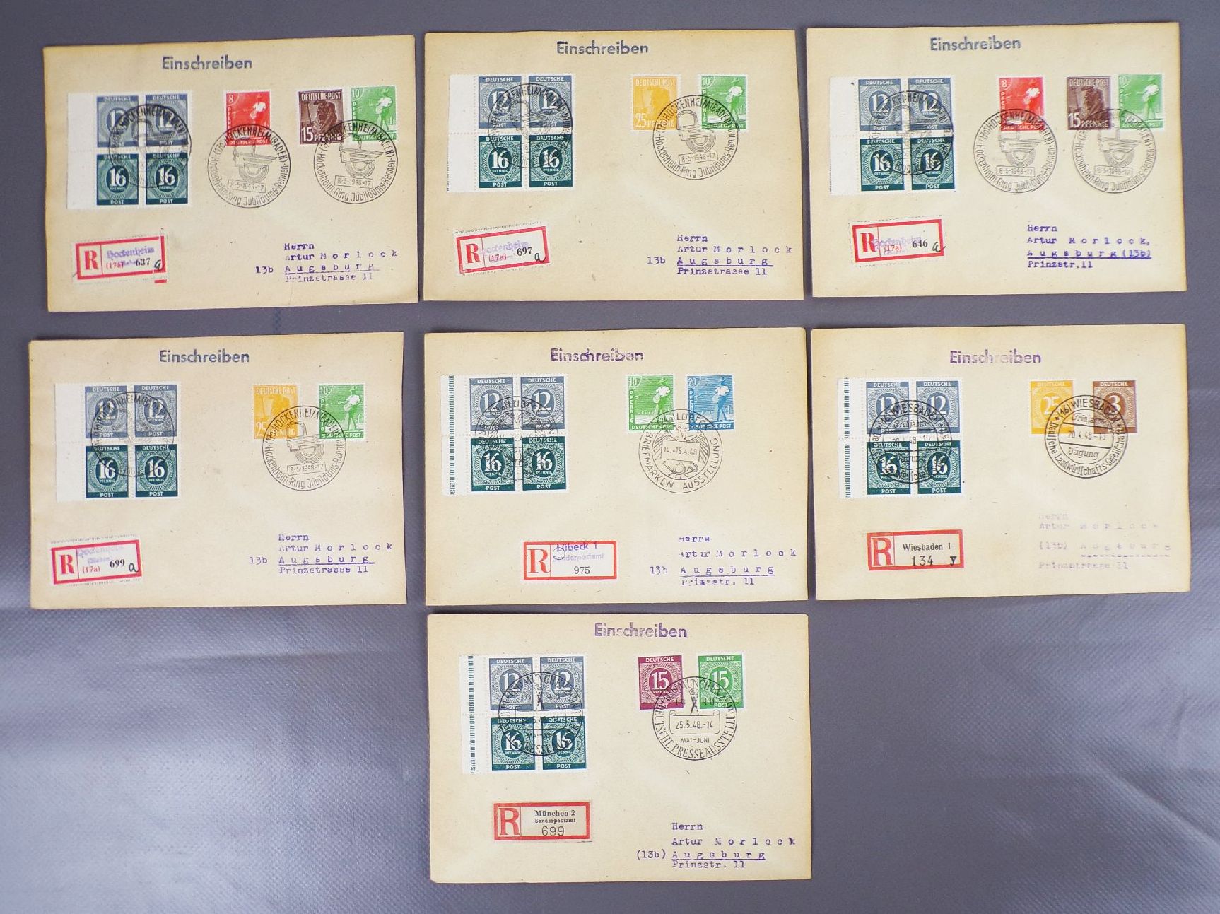 R Briefe Alliierte Besatzung halbes H Blatt 1948 Hockenheim Wiesbaden Lübeck München