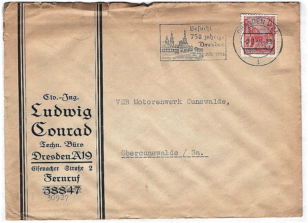 Brief Ludwig Conrad Technisches Büro Dresden an VEB Motorenwerk Cunewalde 1956