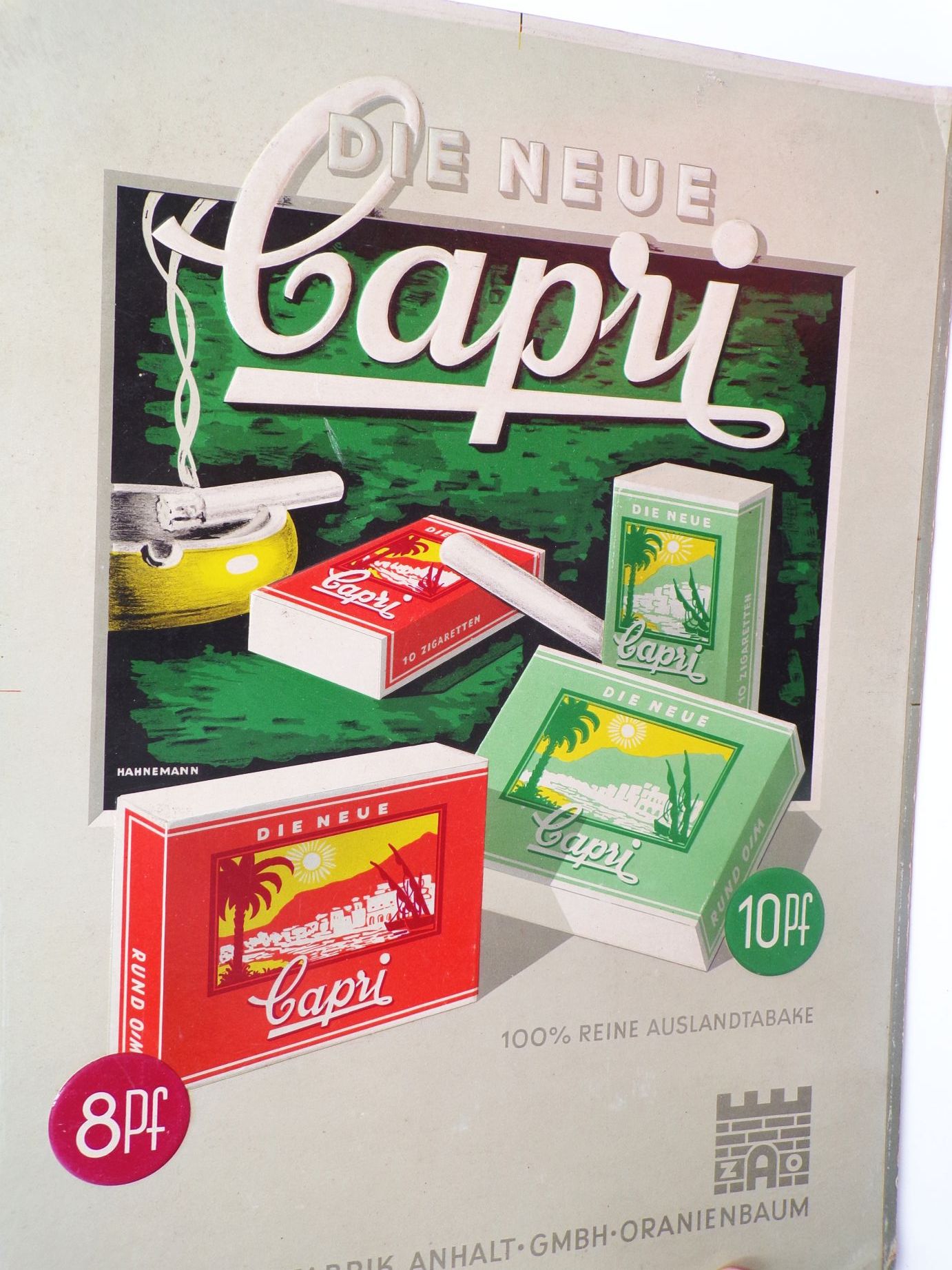 Altes Pappschild Die Neue Capri Zigarette Anhalt GmbH Oranienbaum Hahnemann Altes Pappschild Die Neue Capri Zigarette Anhalt GmbH Oranienbaum Hahnemann