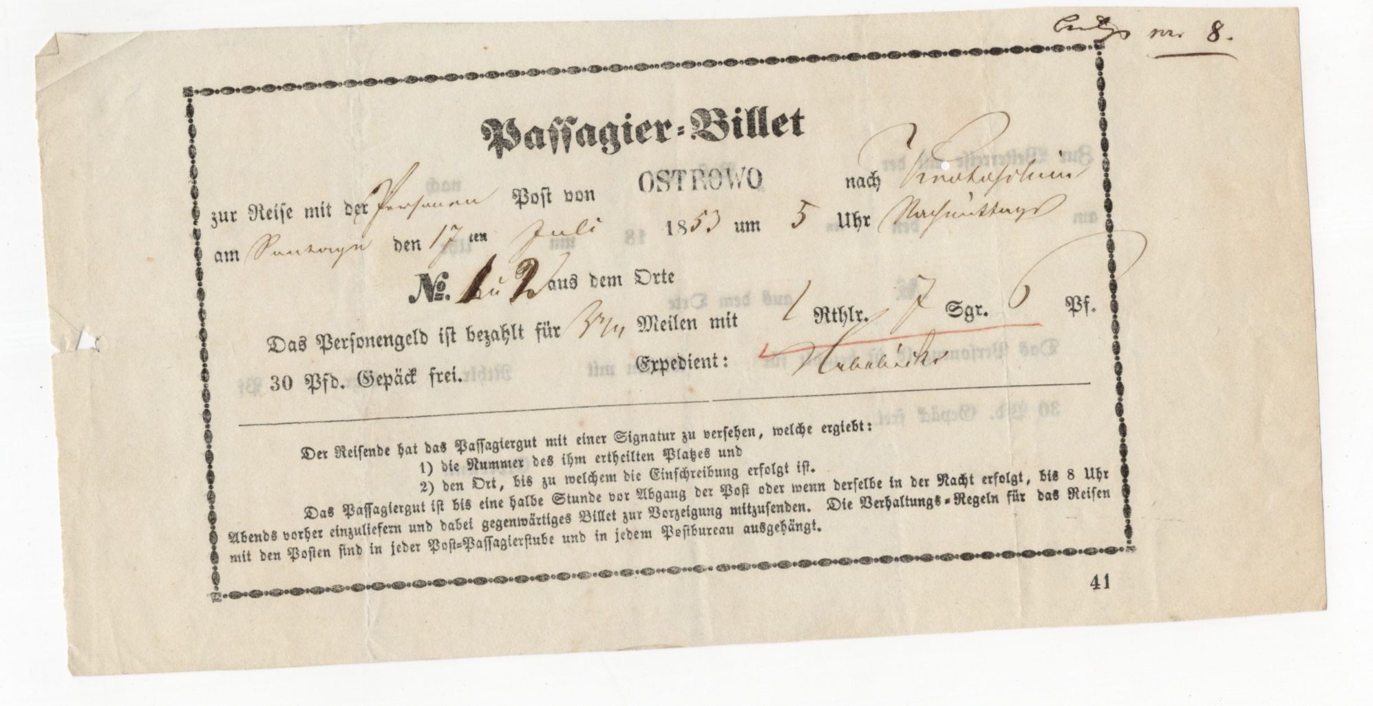 Passagier Billet Ostrowo nach Krotoschin 1853 Dokument Personenpost 