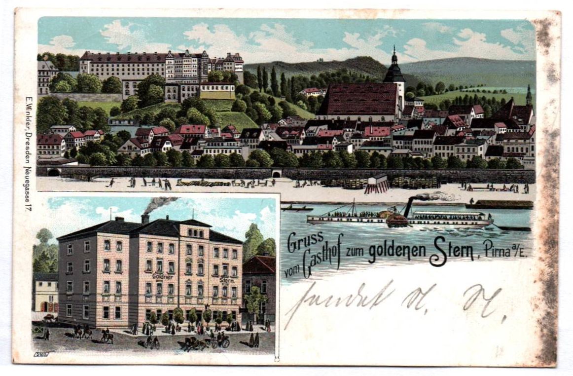 Litho Ak Gruss vom Gasthof zum goldenen Stern Pirna Sachsen 1905 Litho Ak Gruss vom Gasthof zum goldenen Stern Pirna Sachsen 1905