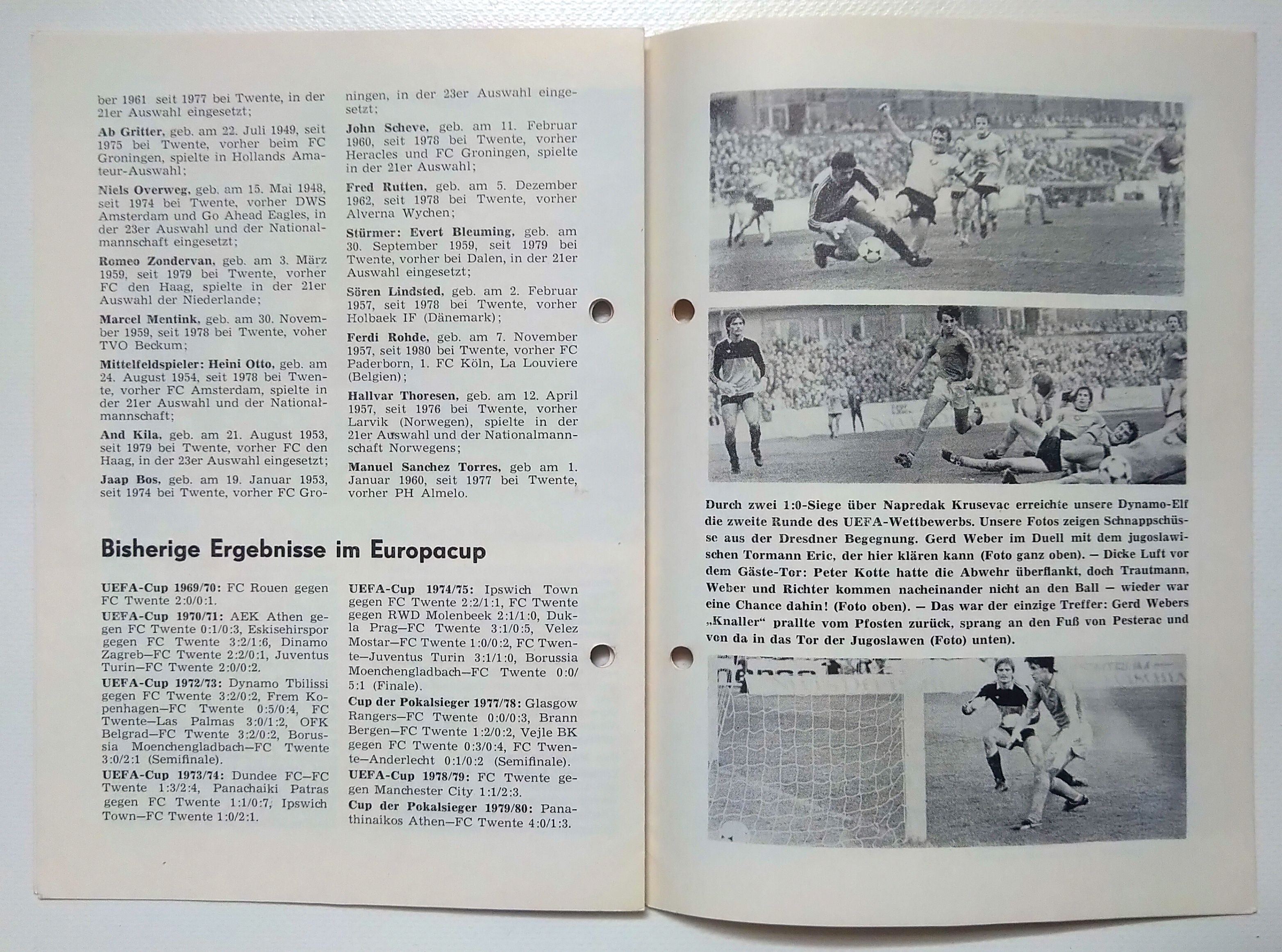 Fußball Programmheft 1980 FC Twente Enschede - Dynamo Dresden