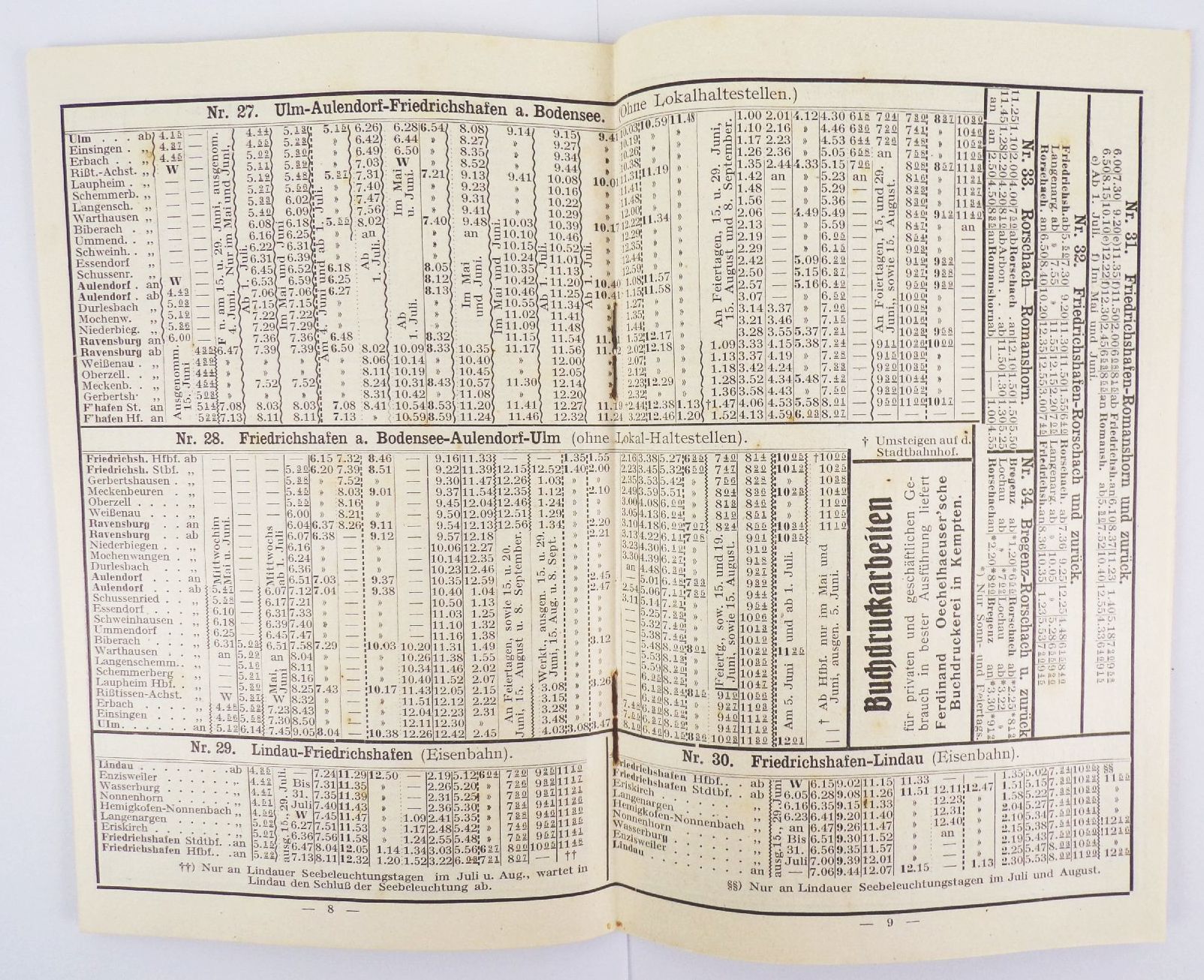 Sommer Fahrplan 1911 Kempten Allgäu Ulm Nördlingen München 