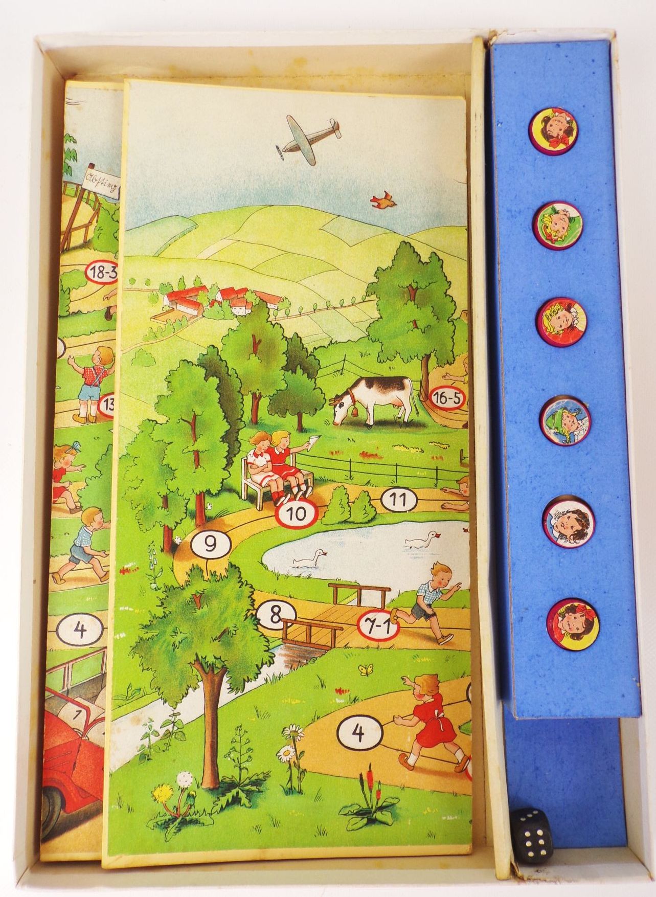 Ein fröhlicher Kinderausflug Scholz Mainz 1930 er Würfelspiel Brettspiel