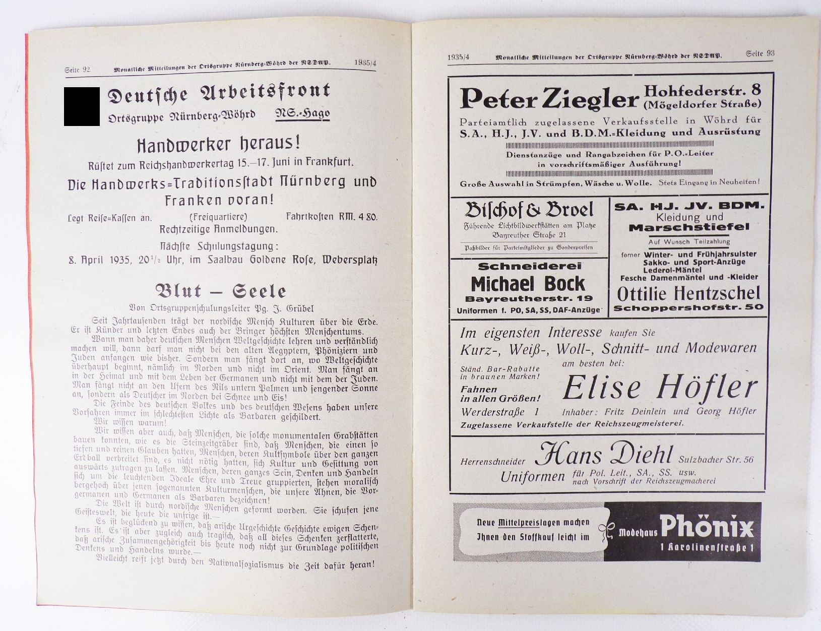 Monatliche Mitteilung NSDAP Ortsgruppe Nürnberg Wöhrd 4 Folge April 1935 Monatliche Mitteilung NSDAP Ortsgruppe Nürnberg Wöhrd 4 Folge April 1935