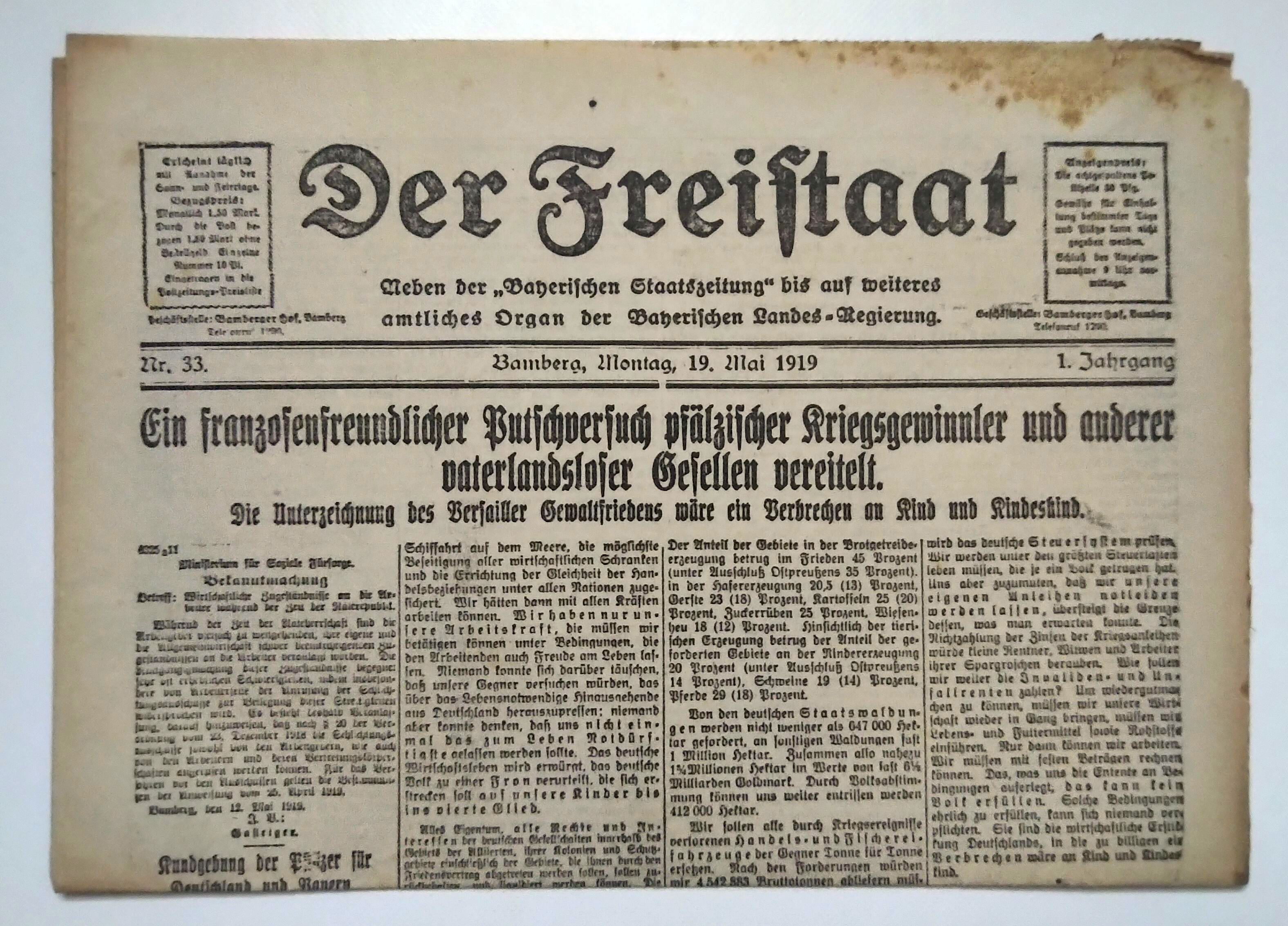 Der Freistaat Zeitung 1919 Nr 33 Putschversuch vaterlandsloser Gesellen vereitelt Der Freistaat Zeitung 1919 Nr 33 Putschversuch vaterlandsloser Gesellen vereitelt