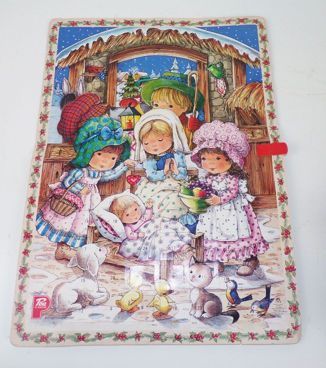 Alter Pea Adventskalender Jesus Baby Krippe Maria und Josef Vintage 