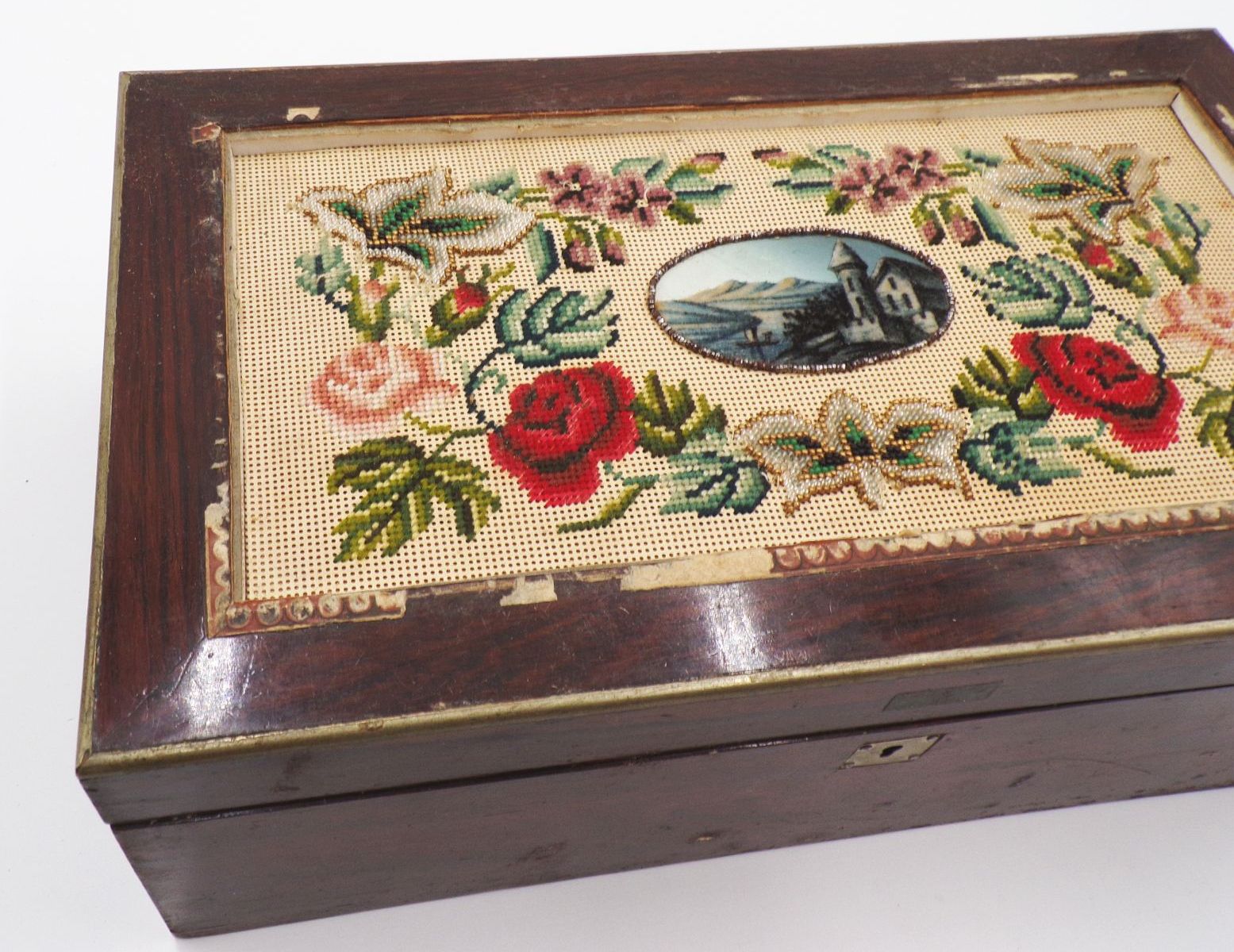 Alte Schatulle Holz Häkel Motiv Vintage Box Antik Truhe Deko