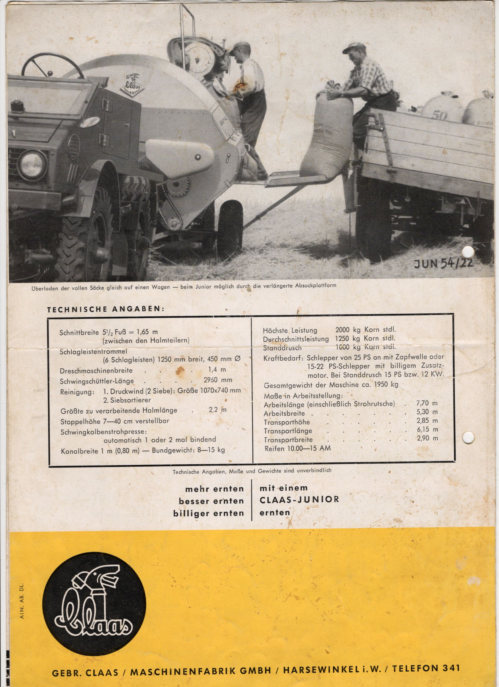 Claas Junior Mähdrescher Prospekt alte Reklame 