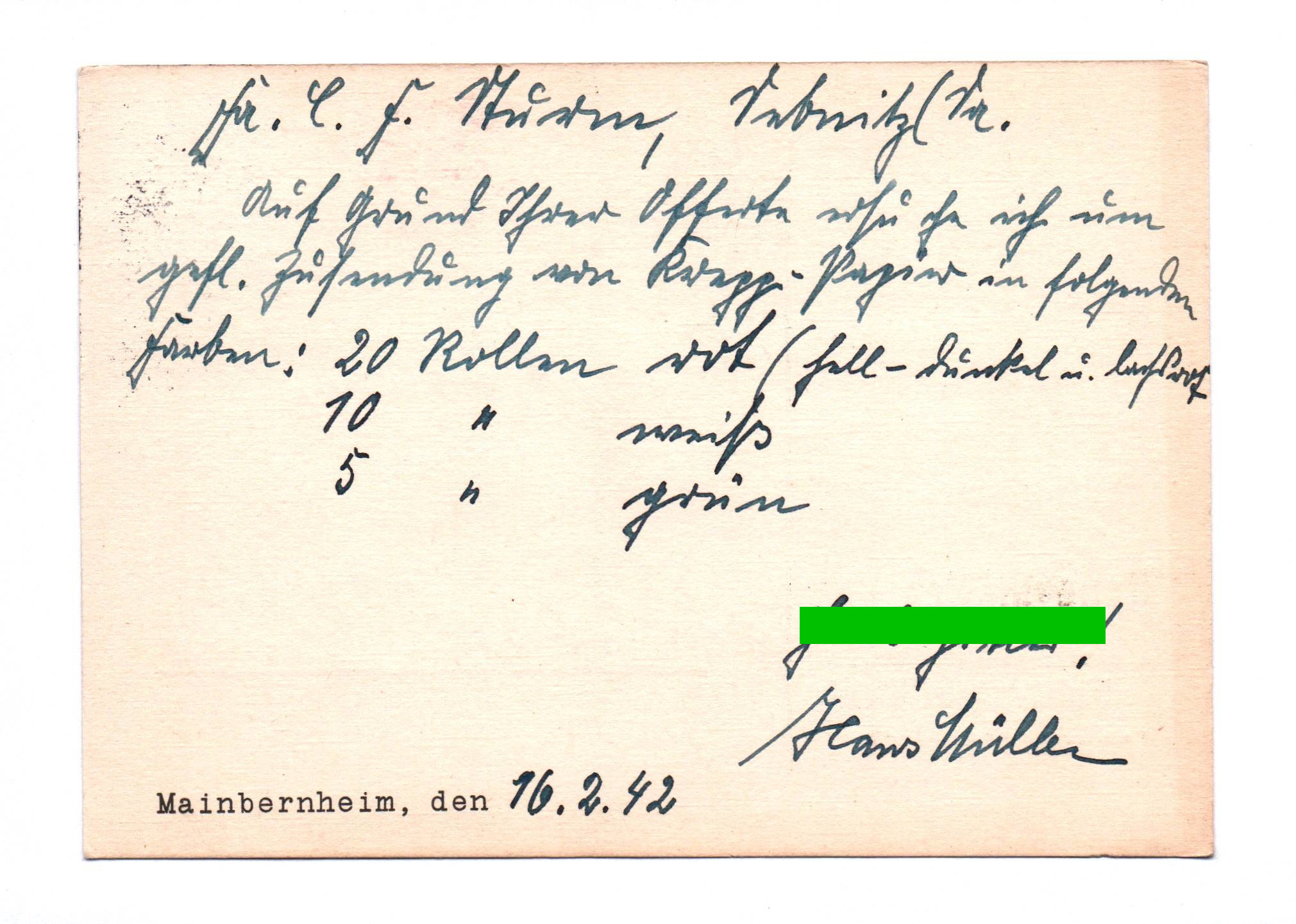 Postkarte Gartenbaubetrieb Mainbernheim 1942 Postkarte Gartenbaubetrieb Mainbernheim 1942