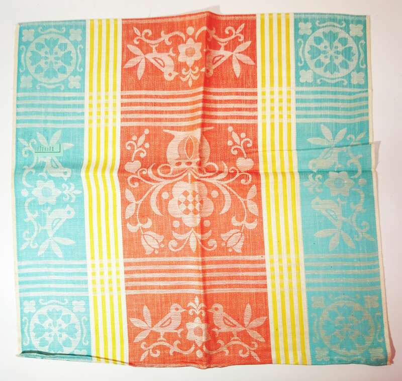 Altes Halb Leinen Geschirrtuch Gelb Rot Grün Bunt Vogel Motiv vintage 