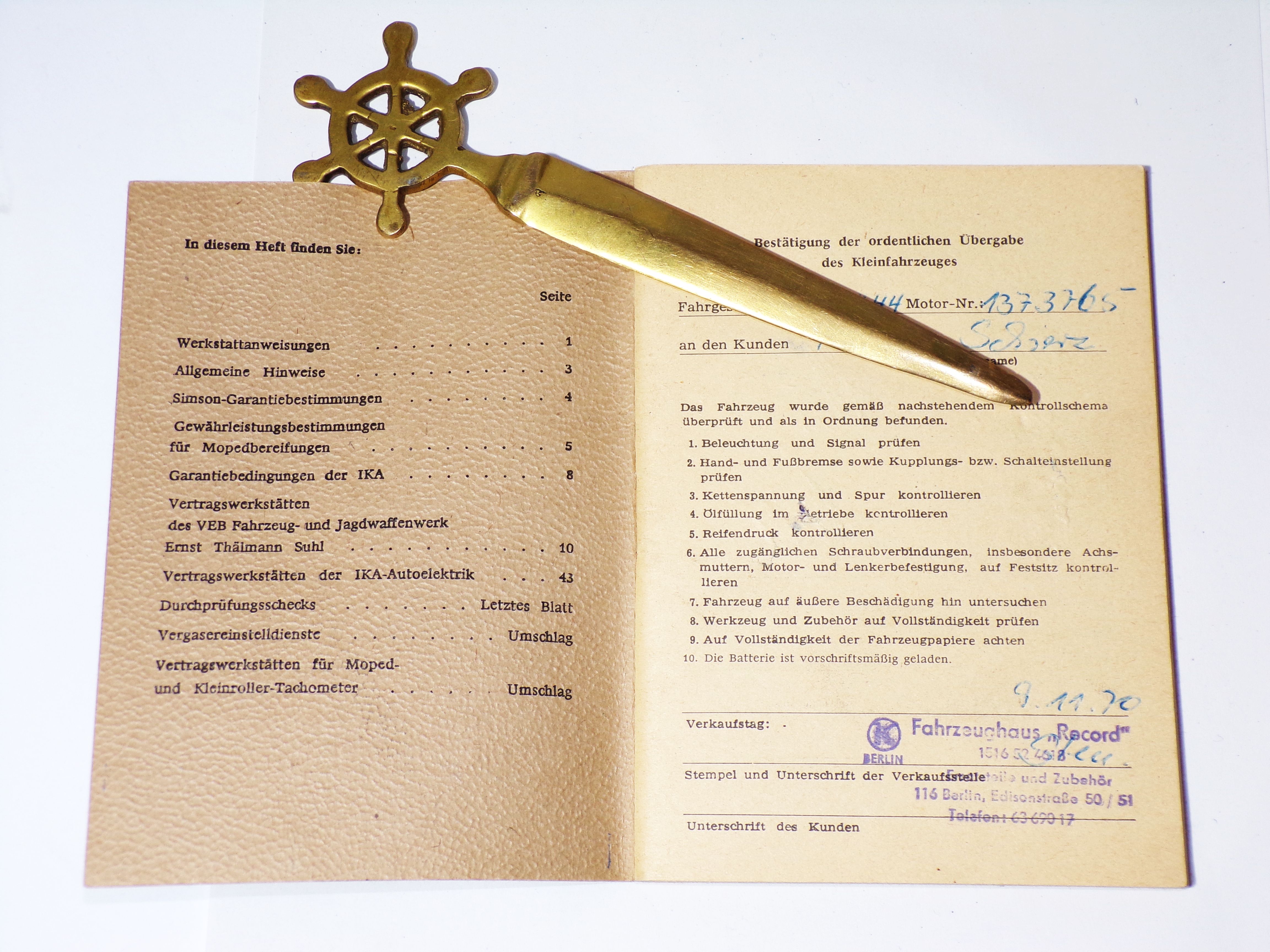 Betriebsanleitung Simson Kleinfahrzeuge 1970 Garantieheft Umschlag 