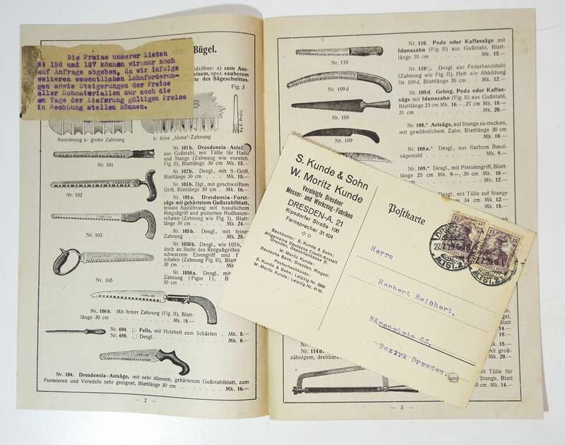 Kunde und Sohn Dresden 3 Preislisten Katalog Gartengeräte Messer 1919 1920