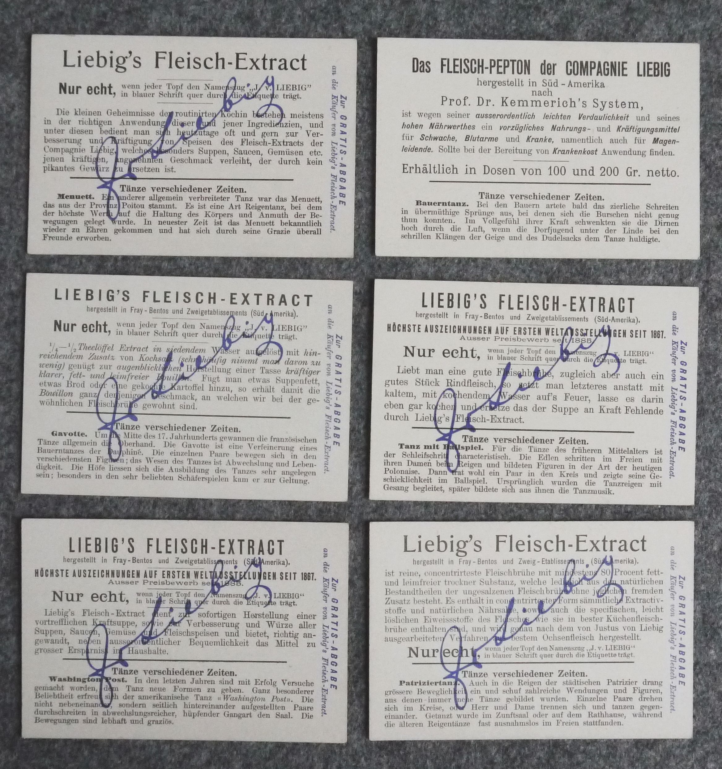 Liebig Bilder 6 Stück Tänze verschiedener Zeiten Sammelbilder