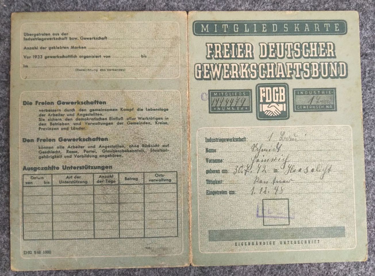 Mitgliedskarte Freier Deutscher Gewerkschaftsbund 1948 FDGB Mitgliedskarte Freier Deutscher Gewerkschaftsbund 1948 FDGB