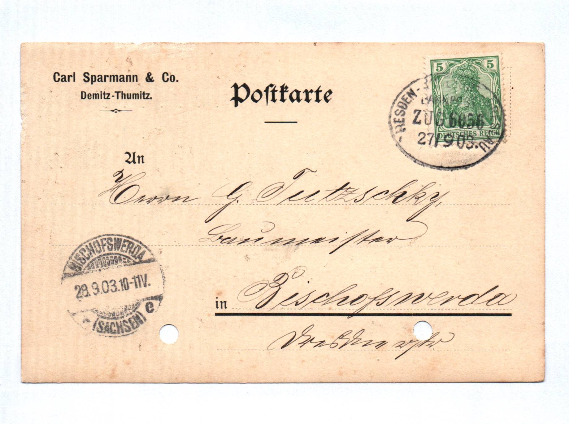 2x Bahnpost Demitz Thumitz 1903 Bischofswerda Postkarte