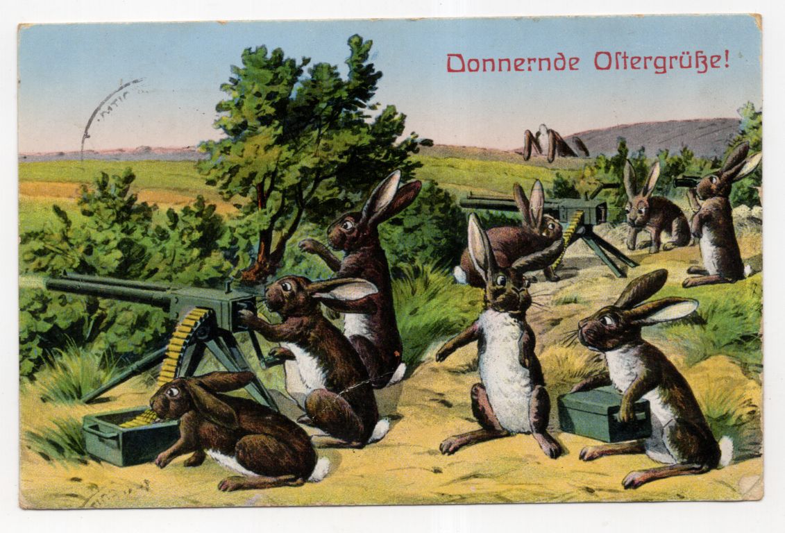 Ak Hasen schießen mit MG Donnernde Ostergrüße 1 Wk vermenschlicht