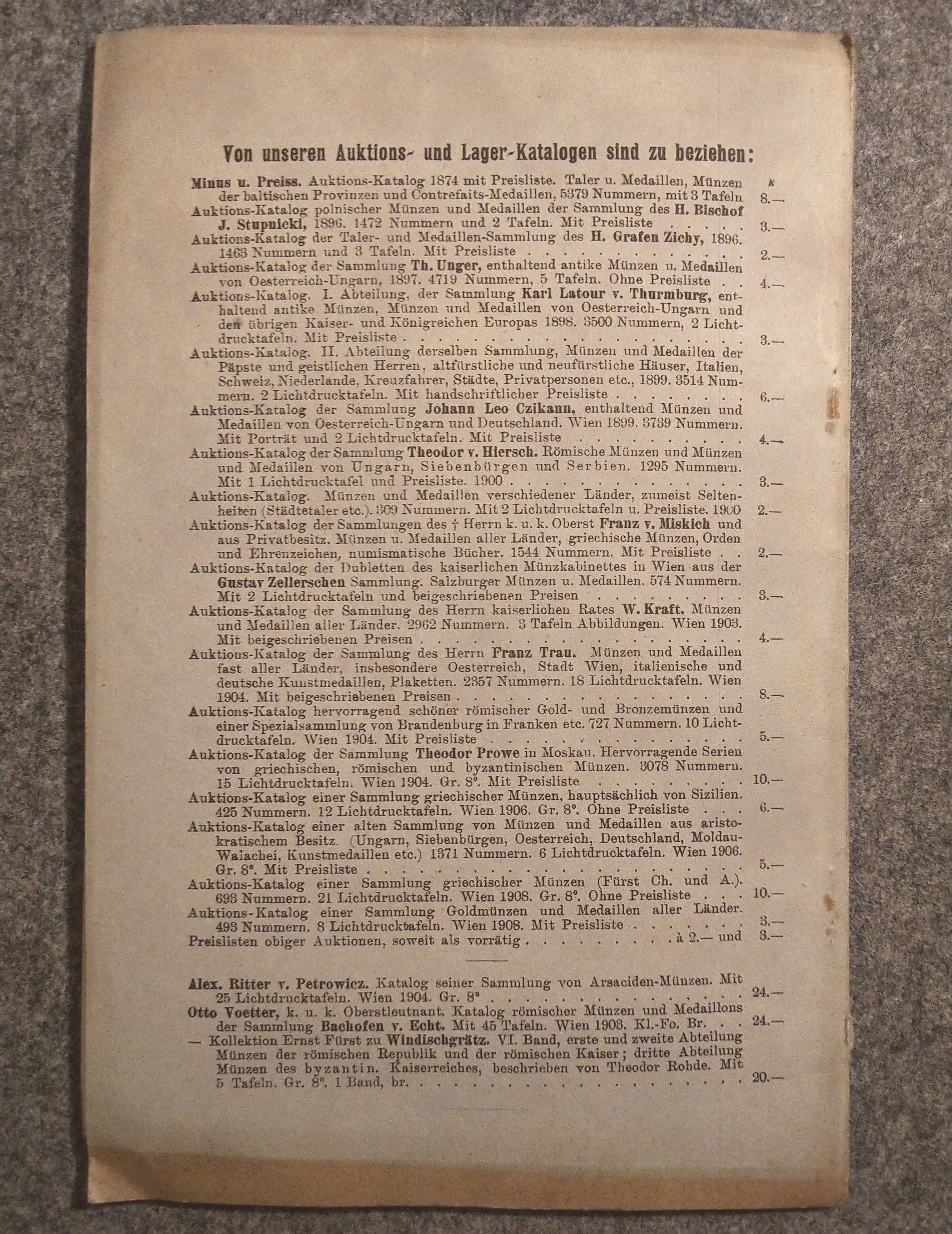 Versteigerung Sammlung Wien Münzen Katalog Brüder Egger 1909 Versteigerung Sammlung Wien Münzen Katalog Brüder Egger 1909