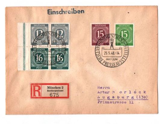 R Brief München 2 nach Augusburg Einschreriben Mischfrankatur 1948