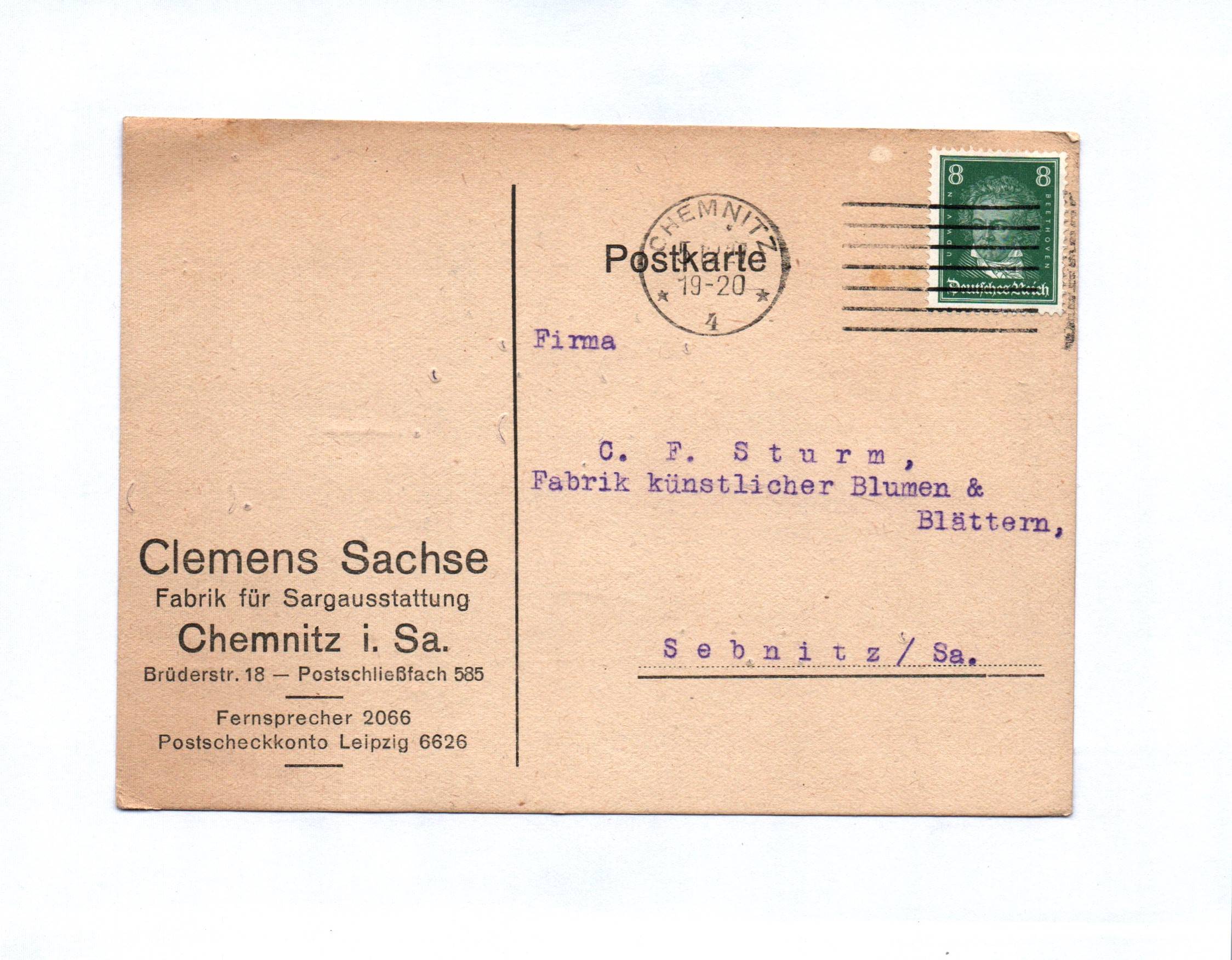Postkarte Clemens Sachse Fabrik Sargausstattung Chemnitz 1927 Postkarte Clemens Sachse Fabrik Sargausstattung Chemnitz 1927