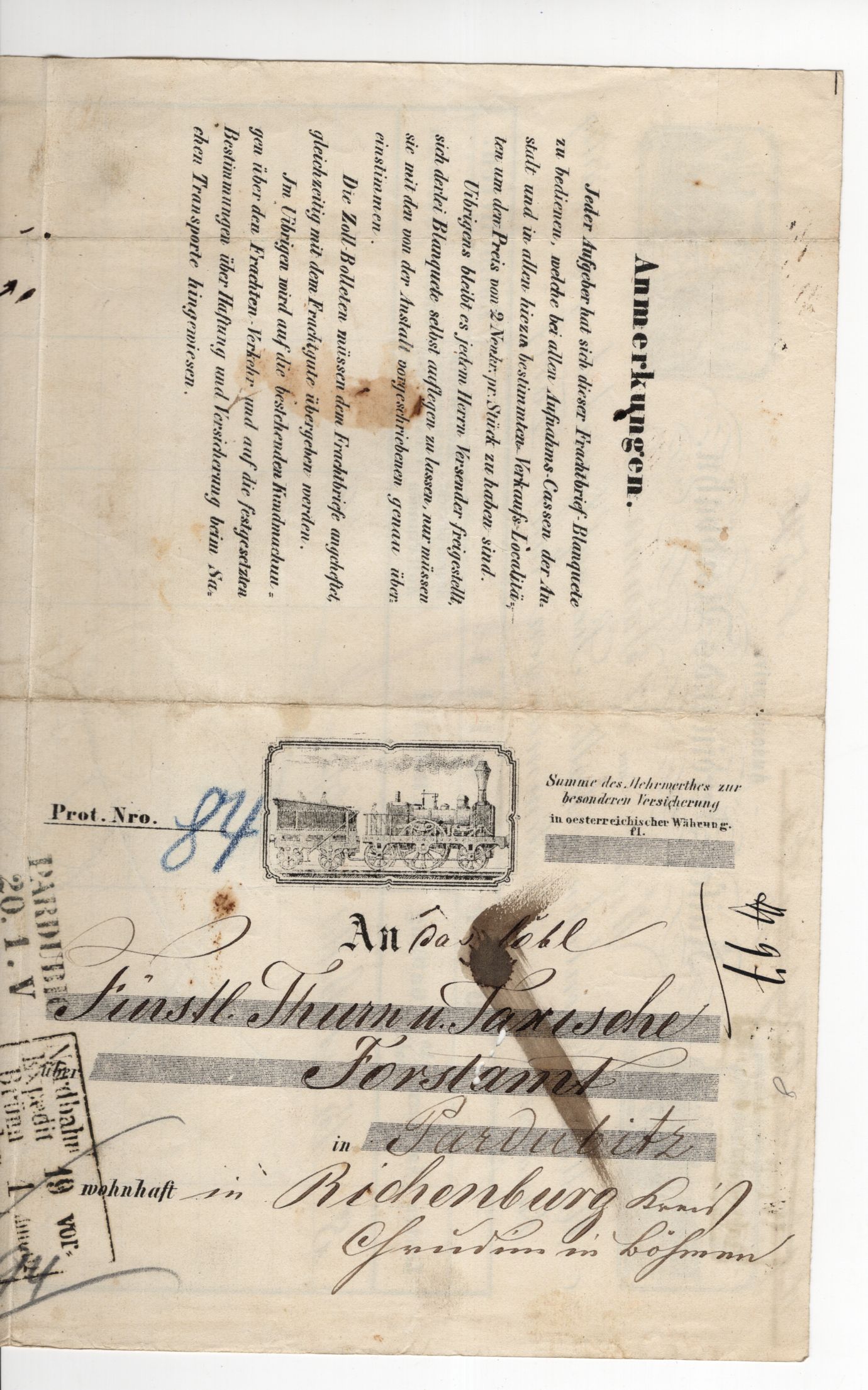 Dokument Kaiser Ferdinand Nordbahn 1861 Wien Frachtbrief 