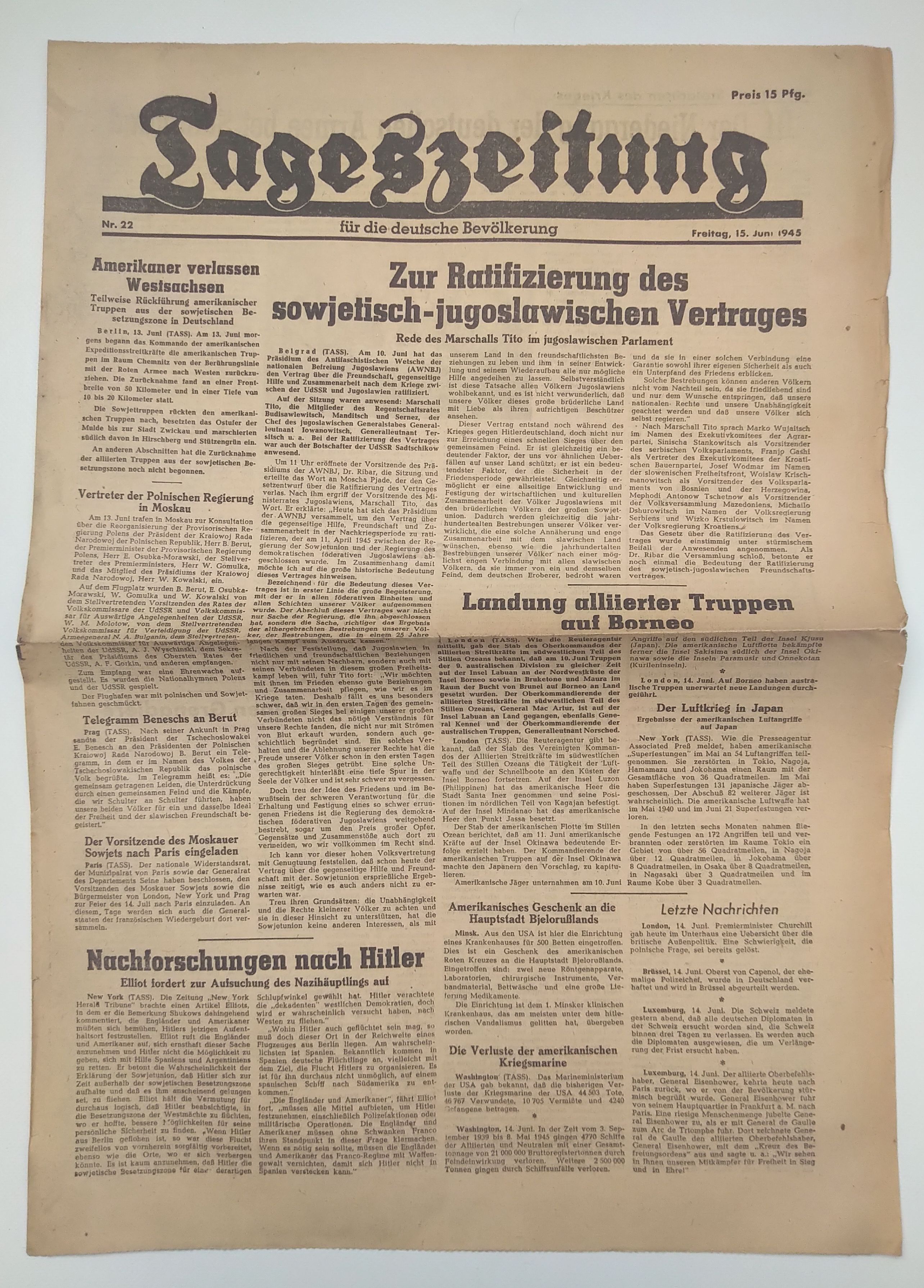 Tageszeitung sowjetisch jugoslawischer Vertrag 1945 Nr 22 Tageszeitung sowjetisch jugoslawischer Vertrag 1945 Nr 22