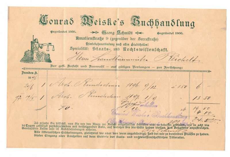 Litho Rechnung Conrad Weiske Buchhandlung Amalienstraße Dresden 1896 !
