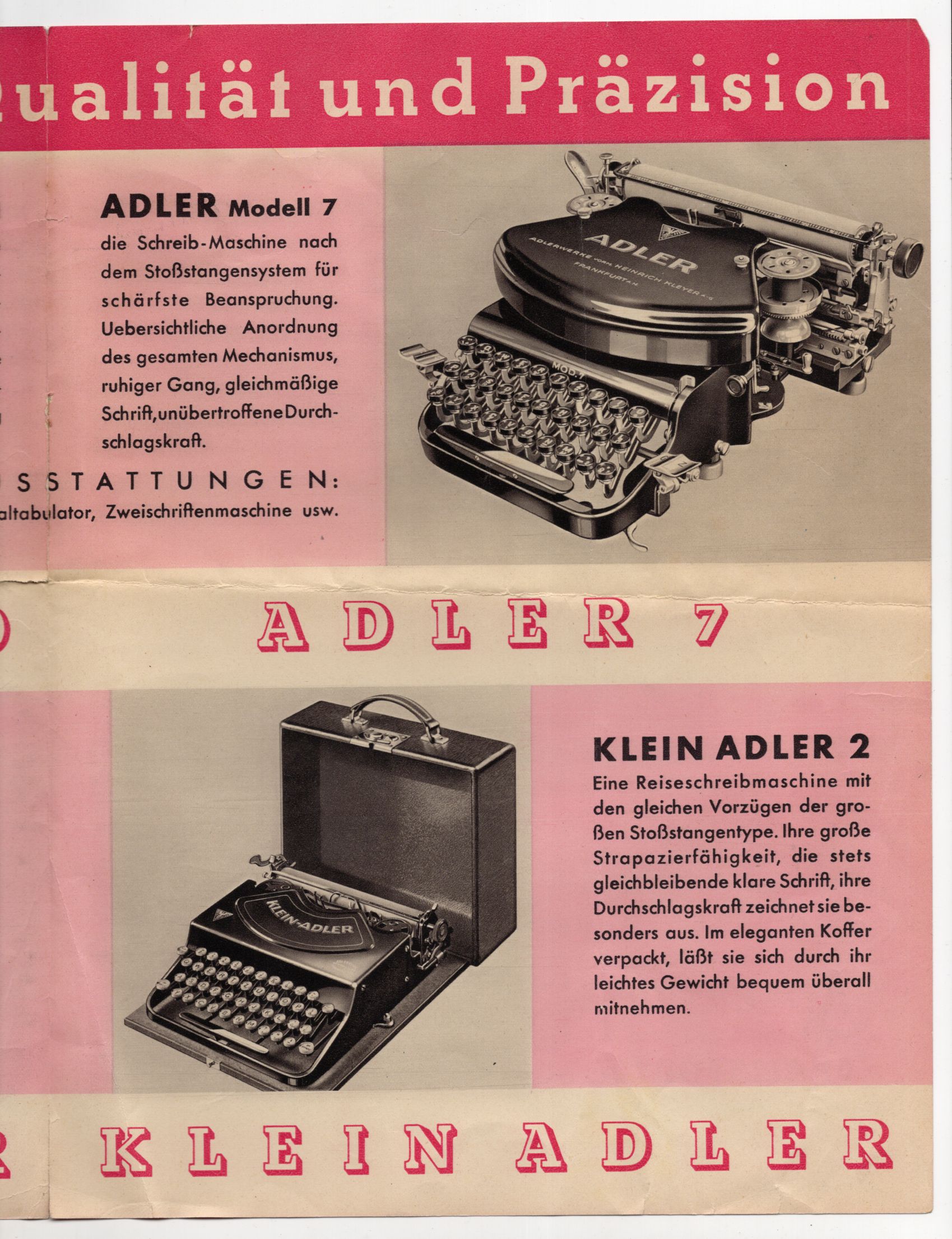 Adler Schreibmaschine Werbeprospekt typewriter Reklame 1933