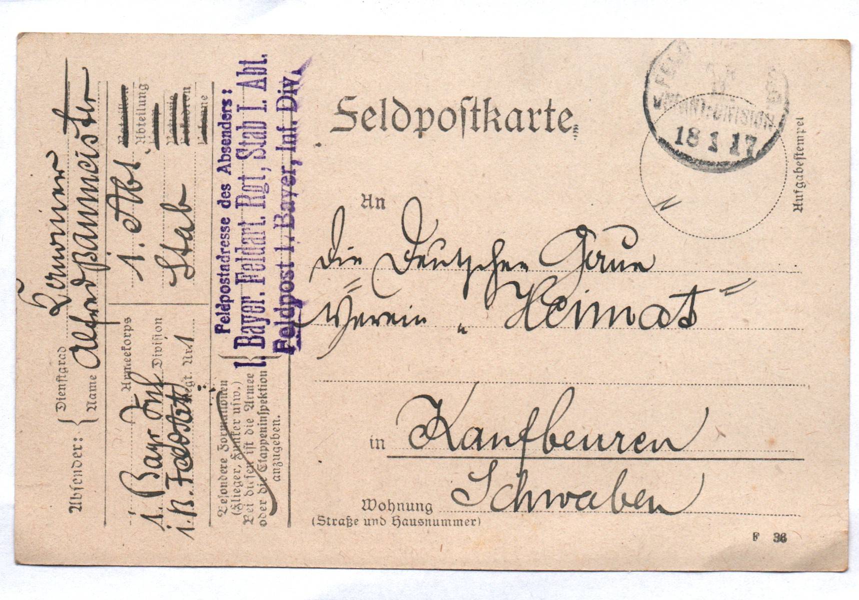 Feldpostkarte 1 Bayern FAR Stab I Stempel 1917