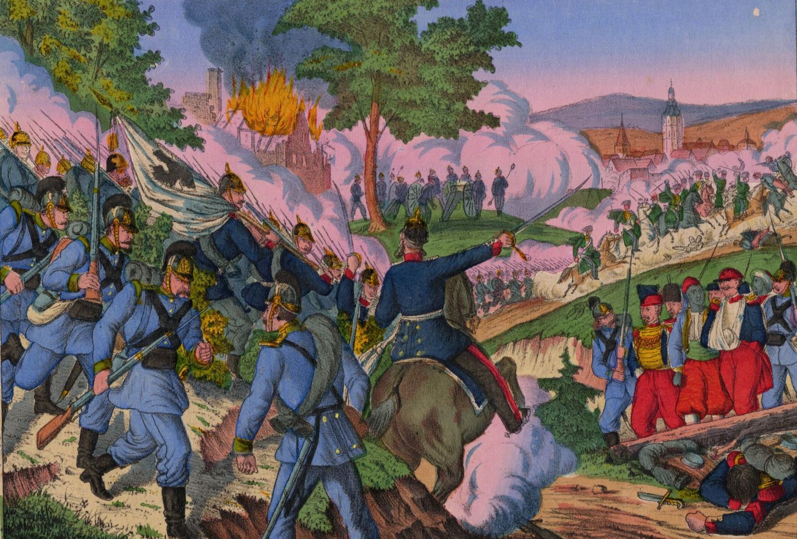 Alte kolorierte Lithografie um 1870 Sturm aus Weissenburg Militär Alte kolorierte Lithografie um 1870 Sturm aus Weissenburg Militär