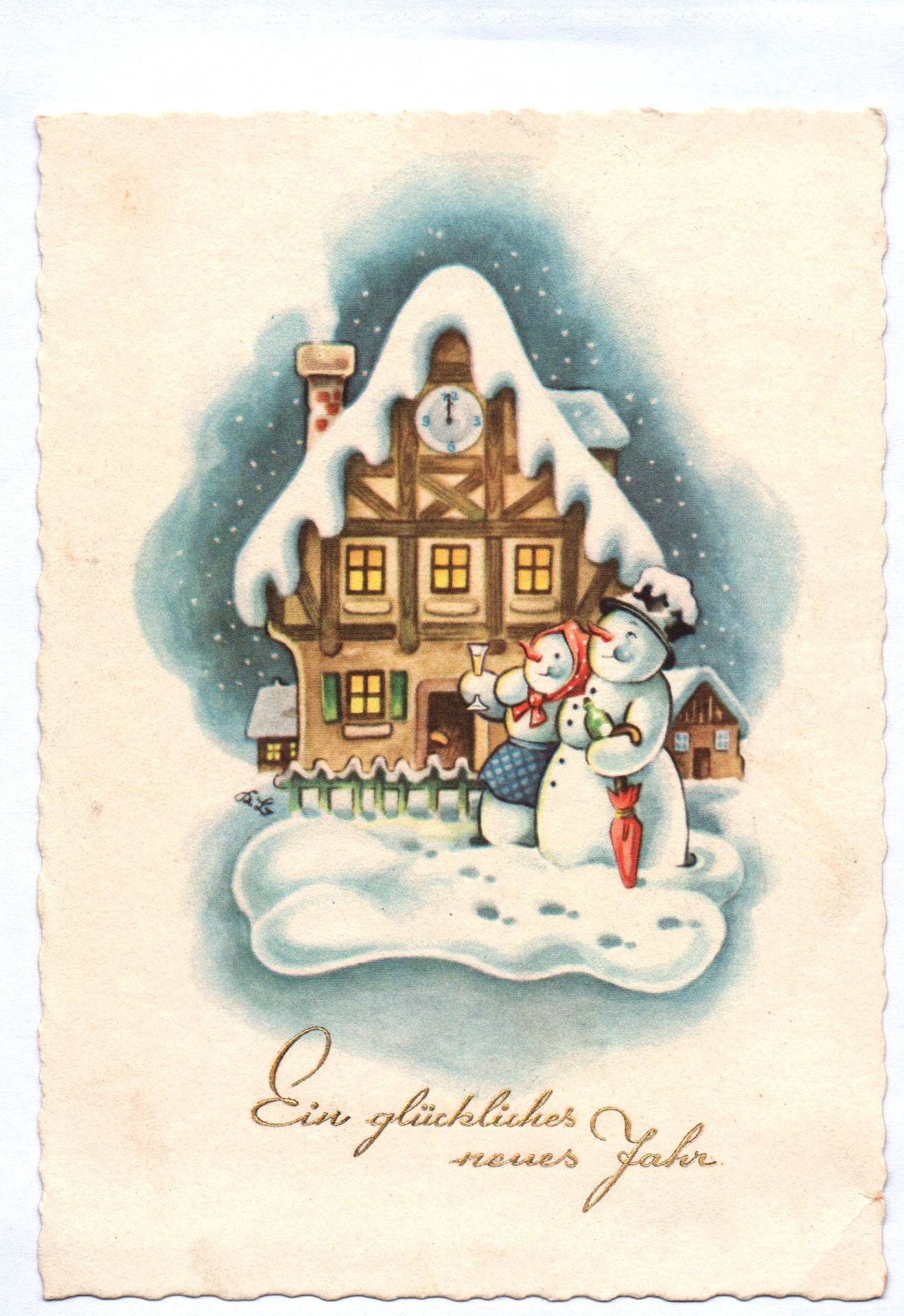 Künstler Ak Schneemann und Frau mit Haus Neujahr 1958 DDR Postkarte
