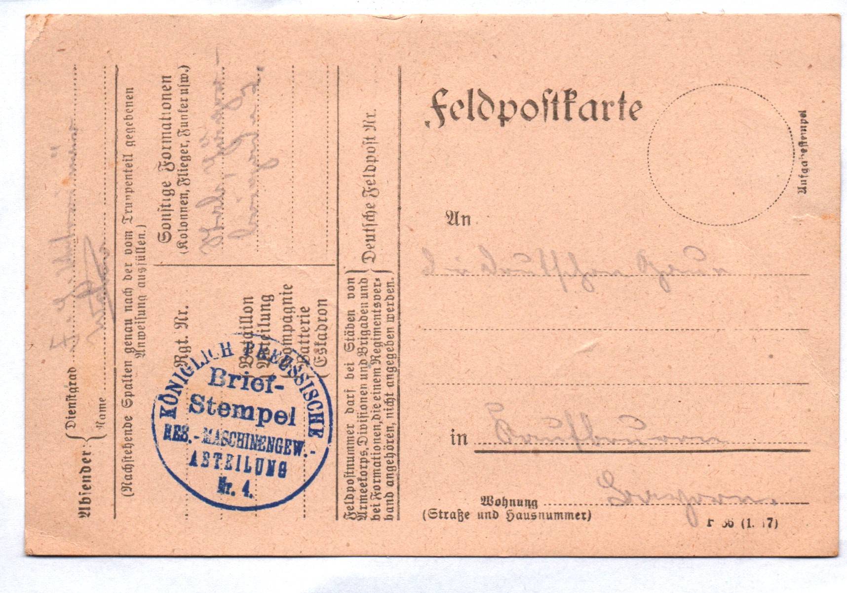 Feldpostkarte kgl preussische Reserve Maschinengewehr Abteilung 4 Stempel 1 Wk