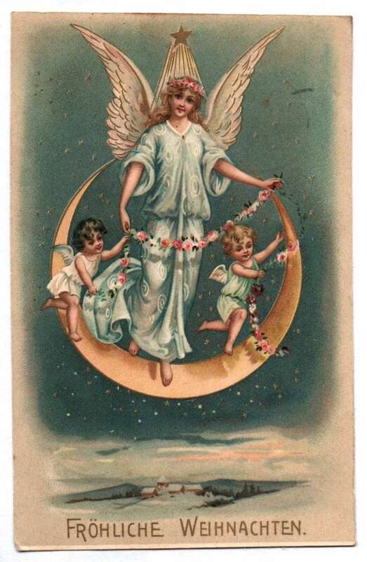 Litho Postkarte Engel auf Mond Fröhliche Weihnachten 1903