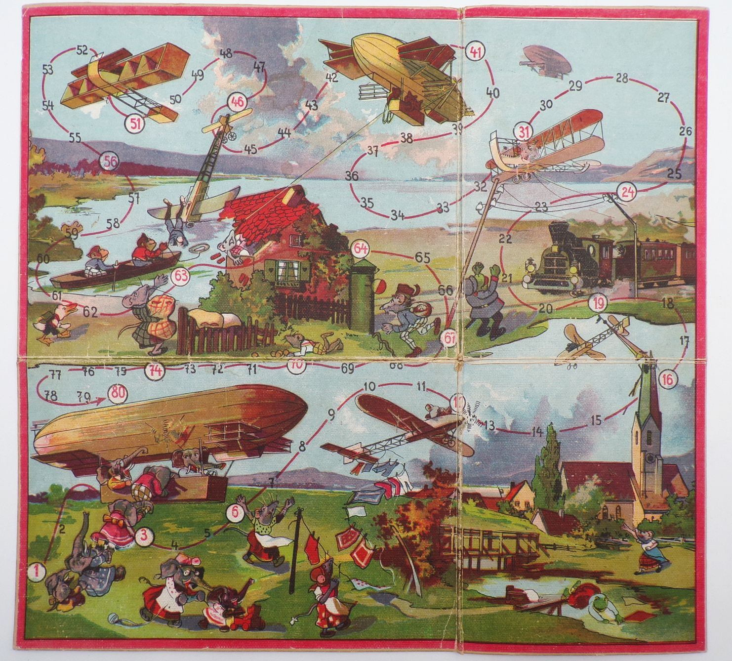 Alter Spielplan Mäuse mit Zeppelin Luftschiff Flugzeugen um 1920