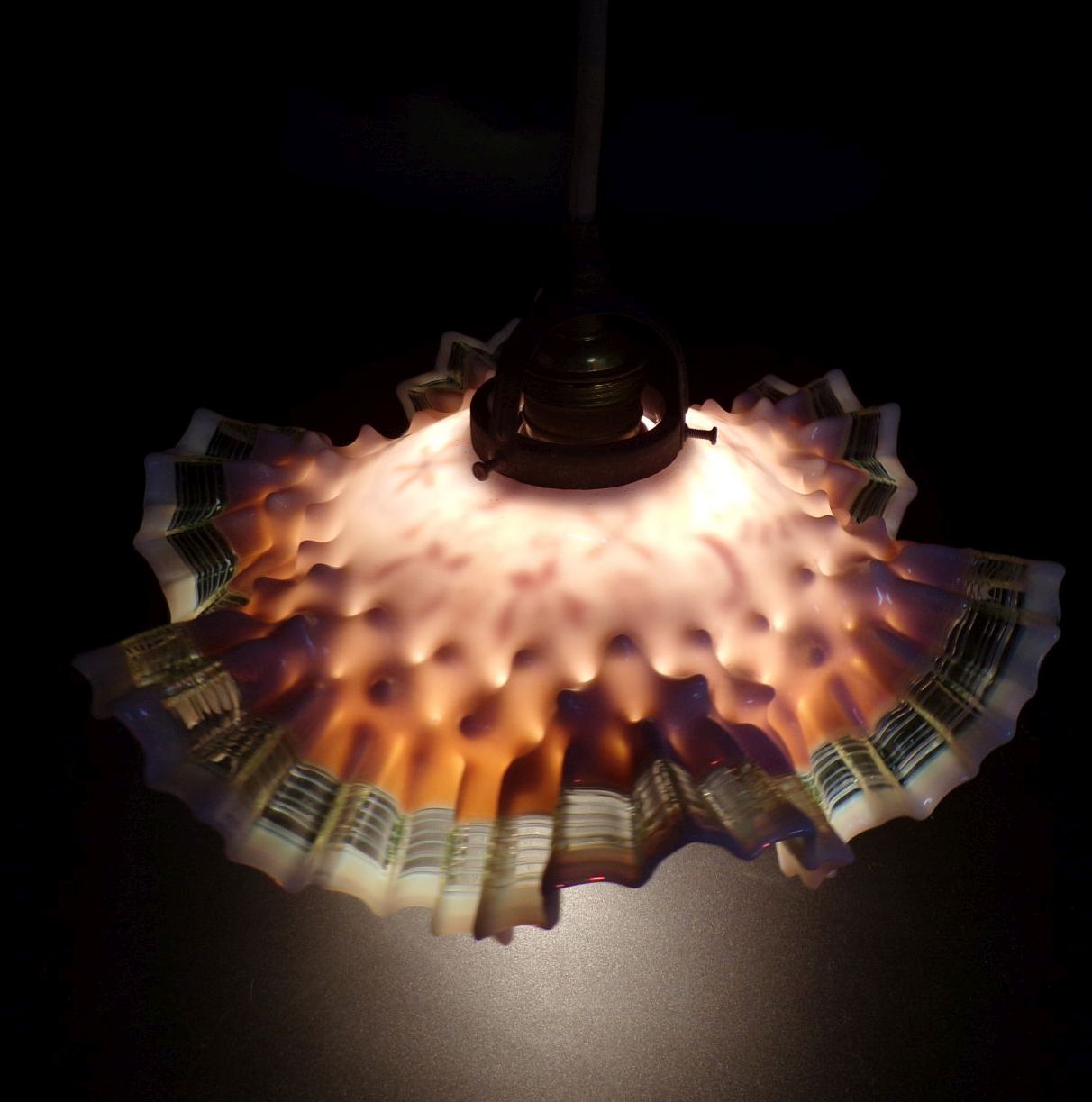 Alte Deckenleuchte Böhmen Glasmalerei um 1900 Rüschenlampe Antik 