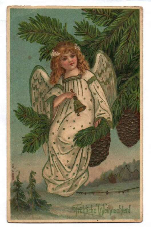 Postkarte Engel sitzt auf Tannenzweig Fröhliche Weihnachten 1911