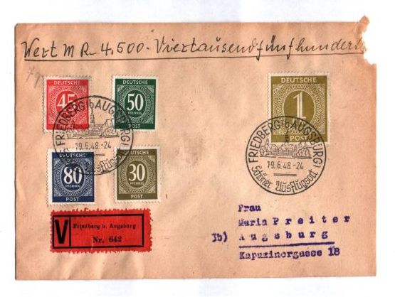 Brief Friedberg bei Augusburg1948 Bizone Mischfrankatur V Vignette 1948 
