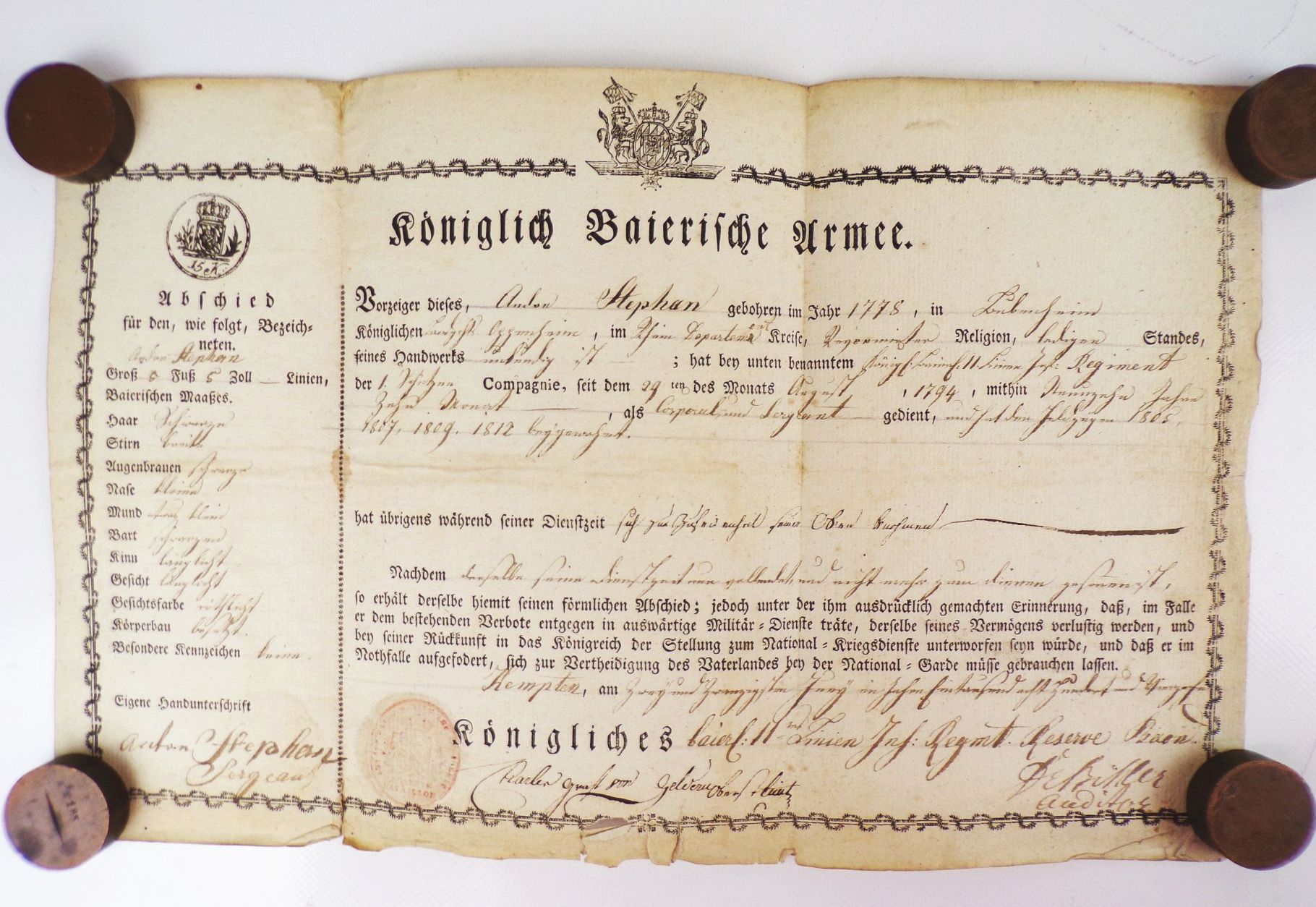 Abschied kgl Bayern Armee 11 Linien Infanterie Regiment Graf von Geldern 1814