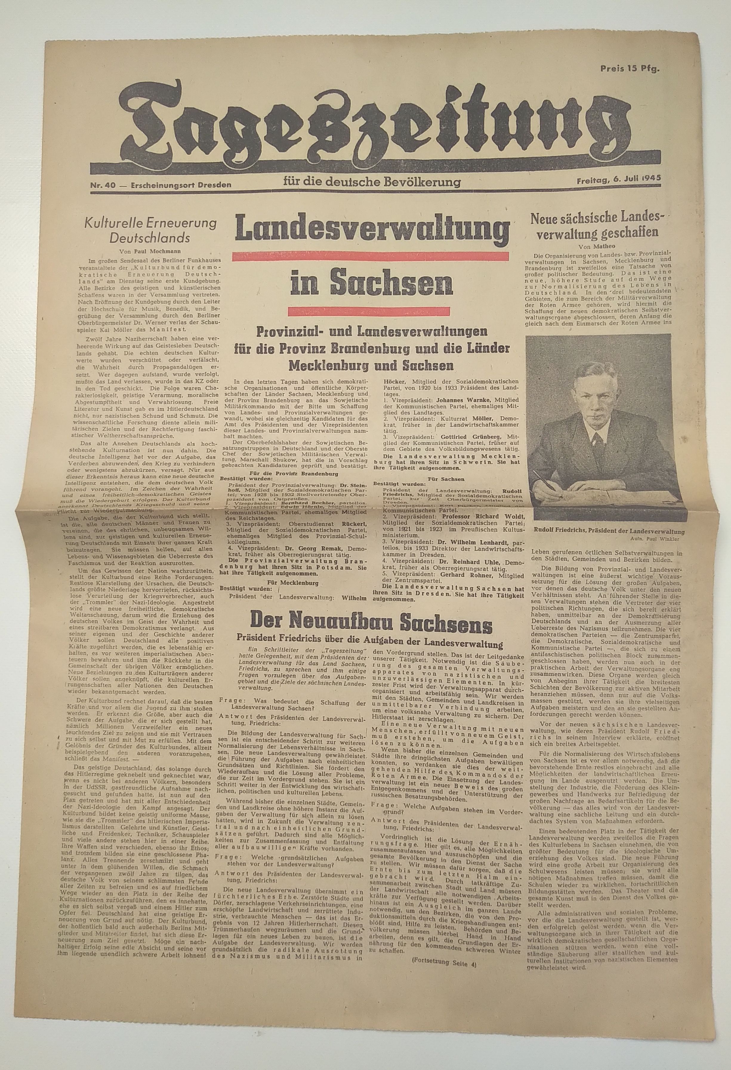 Tageszeitung Landesverwaltung in Sachsen 1945 Nr 40